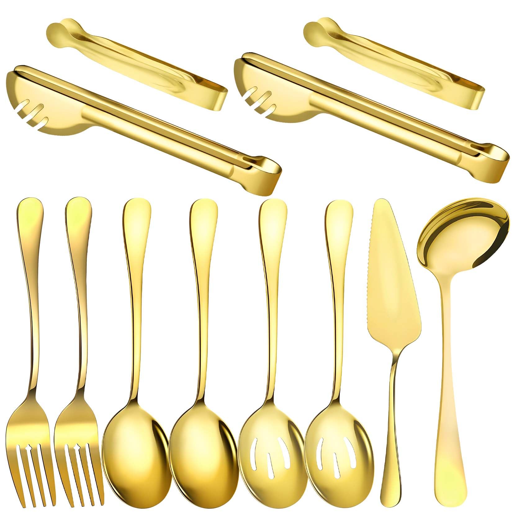 Photo 1 of 12 Pcs Gold Serving Utensils Set Include Stainless Steel Large Serving Spoons Slotted Spoons Forks Soup Ladle Pie Server - Metal Utensils for Parties Buffet Catering, Dishwasher Safe