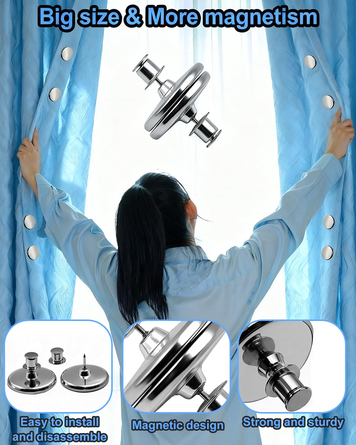 Curtain Magnets Closure, 10 Pairs Magnetic Curtain Clips with 10 Pairs Self-Adhesive Patch, Strong Curtain Magnets to Keep Curtain Closed for Bedroom Curtains, Shower Liners, Office Draperies 1