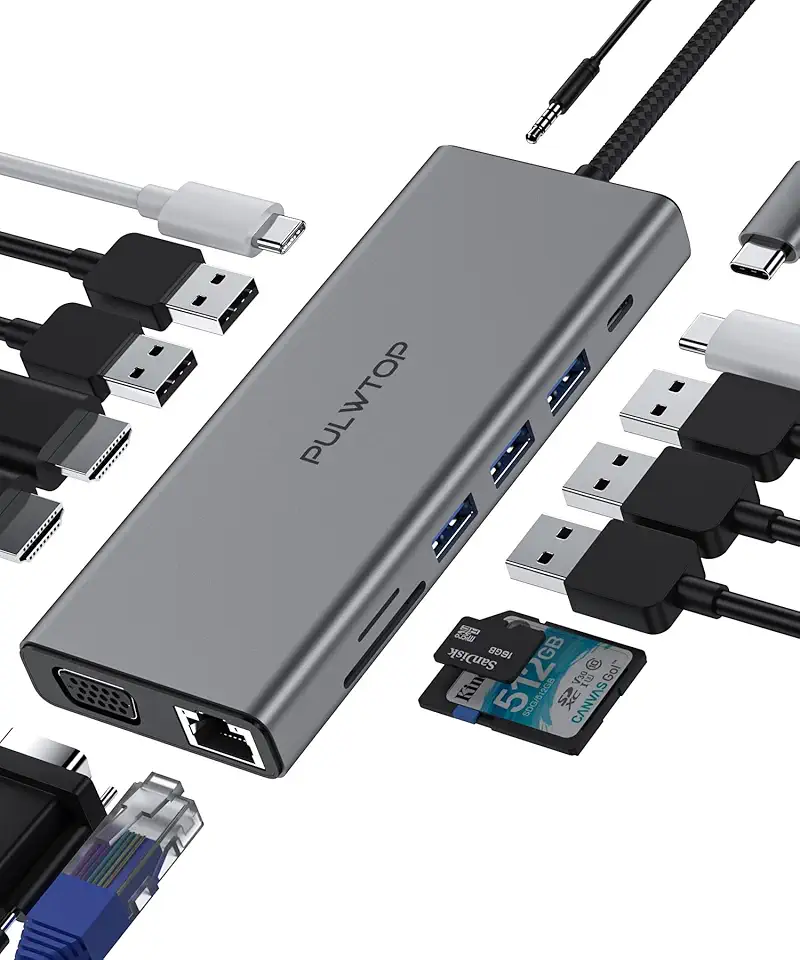Estação de acoplamento para laptop PULWTOP 14 em 1,com conexão USBC para dois monitores,compatível com MacBook,Dell,HP hub USBC com múltiplas portas, incluindo HDMI,VGA,PD,Ethernet SD TF
