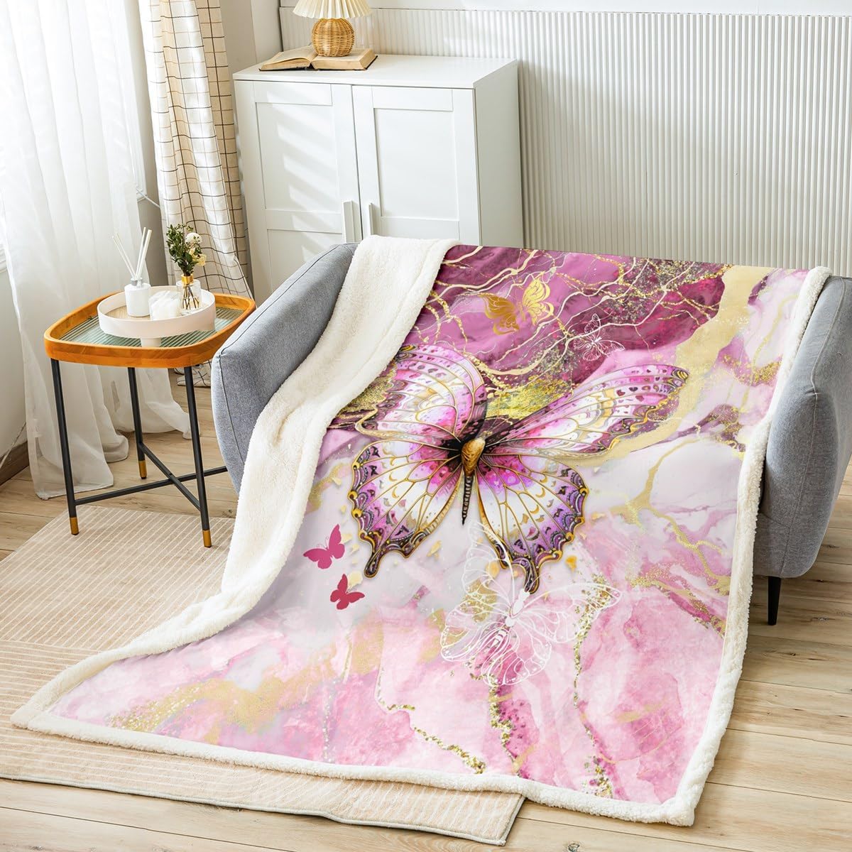 Pretty Butterfly Sherpa Blanket Boys Girls Pink Gold Fleece Throw Blanket for Kids Women Men Ultra Soft Animal Plush Blanket Nutrue Fuzzy Blanket for Sofa Bed Couch Room Decor,Throw 50x60 Inches