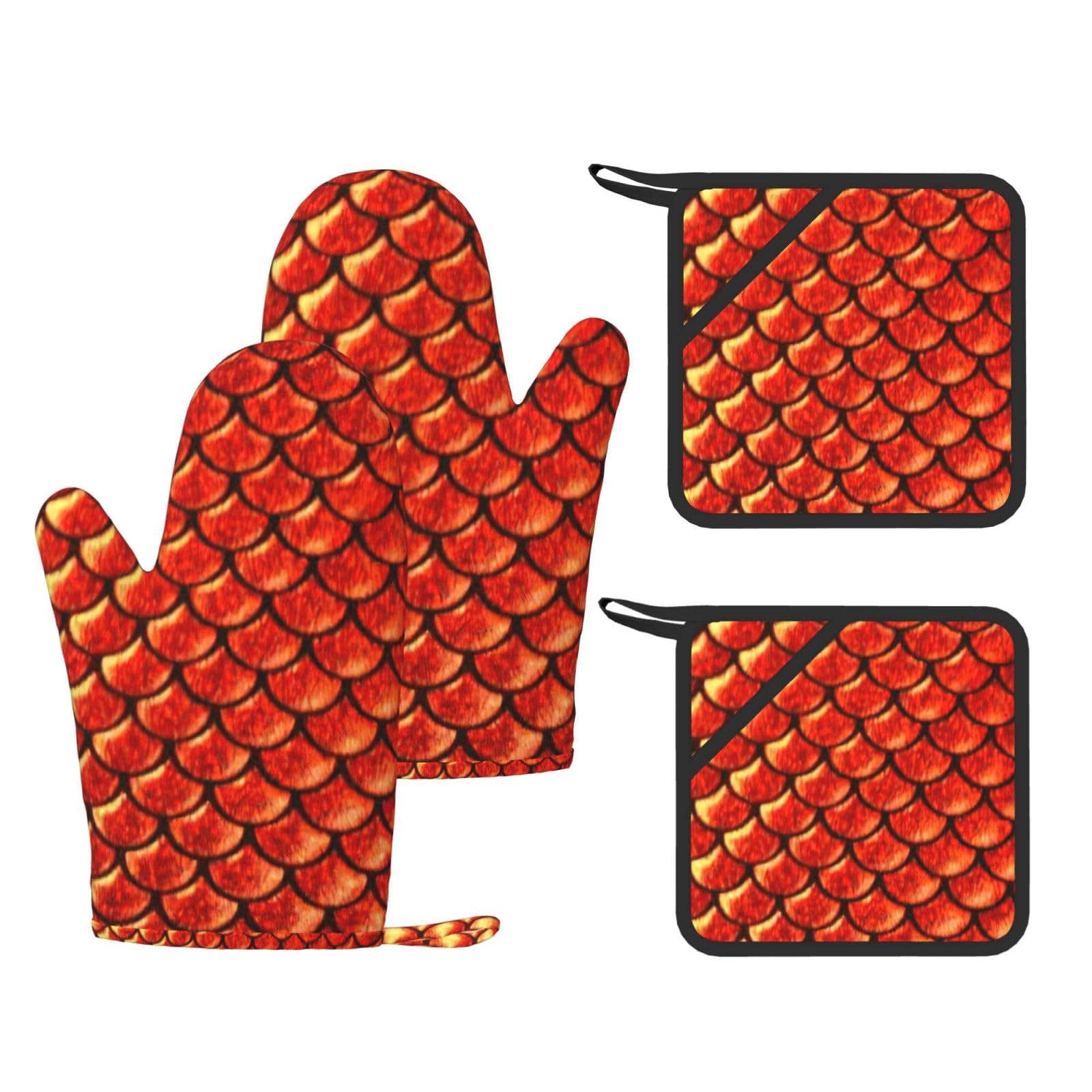Gants résistants à la chaleur lot de 4 avec motif écailles de poisson rouge pour cuisine