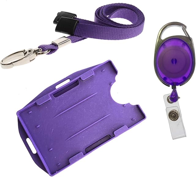PCL Media Ltd | 3 Piece ID Badge Set | Lanyard, Retractable Badge Reel, & Dual Double-Sided ID Card Badge Holder, (Purple)