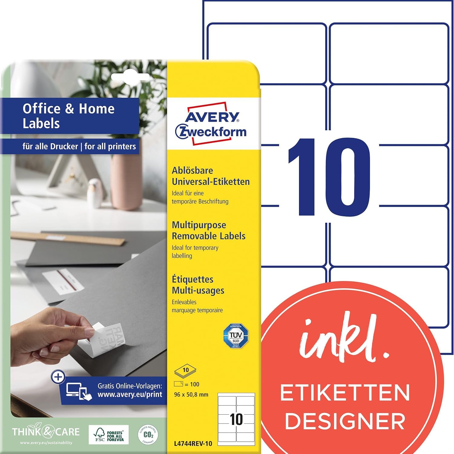 AVERY Zweckform L4744REV-10 Universal Labels (100 Adhesive Labels, 96 x 50.8 mm on A4, Removable Without Residue/Removable, Individually Printable, Self-Adhesive Stickers) 10 Sheets, White