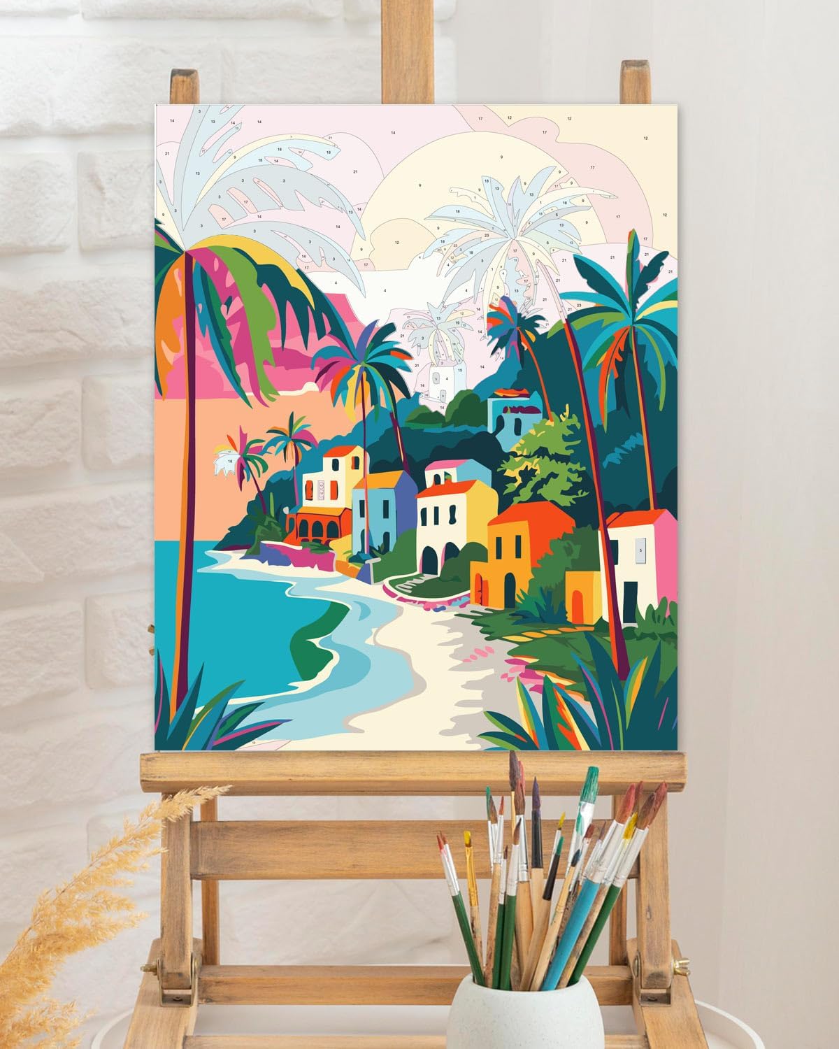 TOCARE Beach Paint by Numbers Kit for Adults Beginner,Travel Beach Paint by Number Canvas,Simple Oil Adults' Paint-by-Number Kit Palm Tree Sea for Home Wall Decor 16x20inch