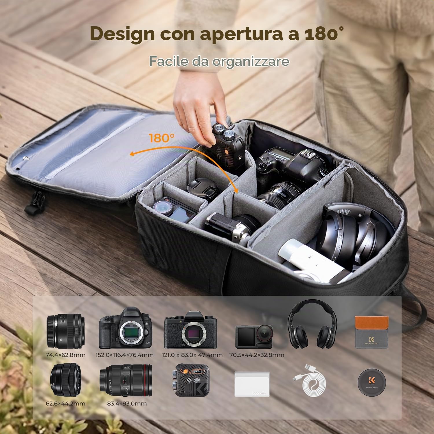 K&F CONCEPT Zaino Fotografico Leggero 25L Impermeabile | Capacità 25L, laptop 15.8", copertura antipioggia, divisori rimovibili, accesso rapido laterale, tasche frontali B23