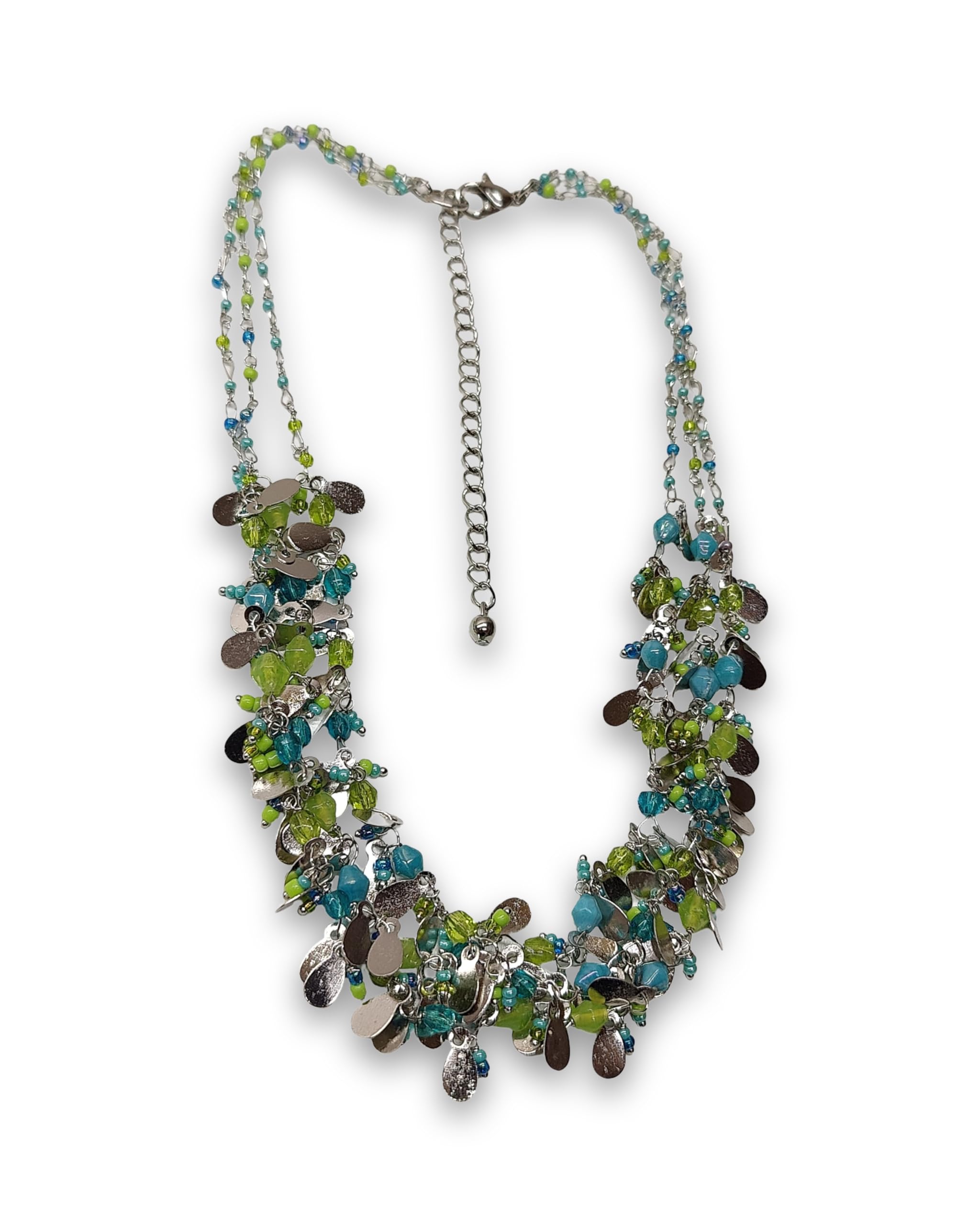 Multi-Strand Beaded Necklace, Turquoise and Green with Silver Charm Accents, Layered Boho Style, Adjustable Chain for Women and Girls-image-19