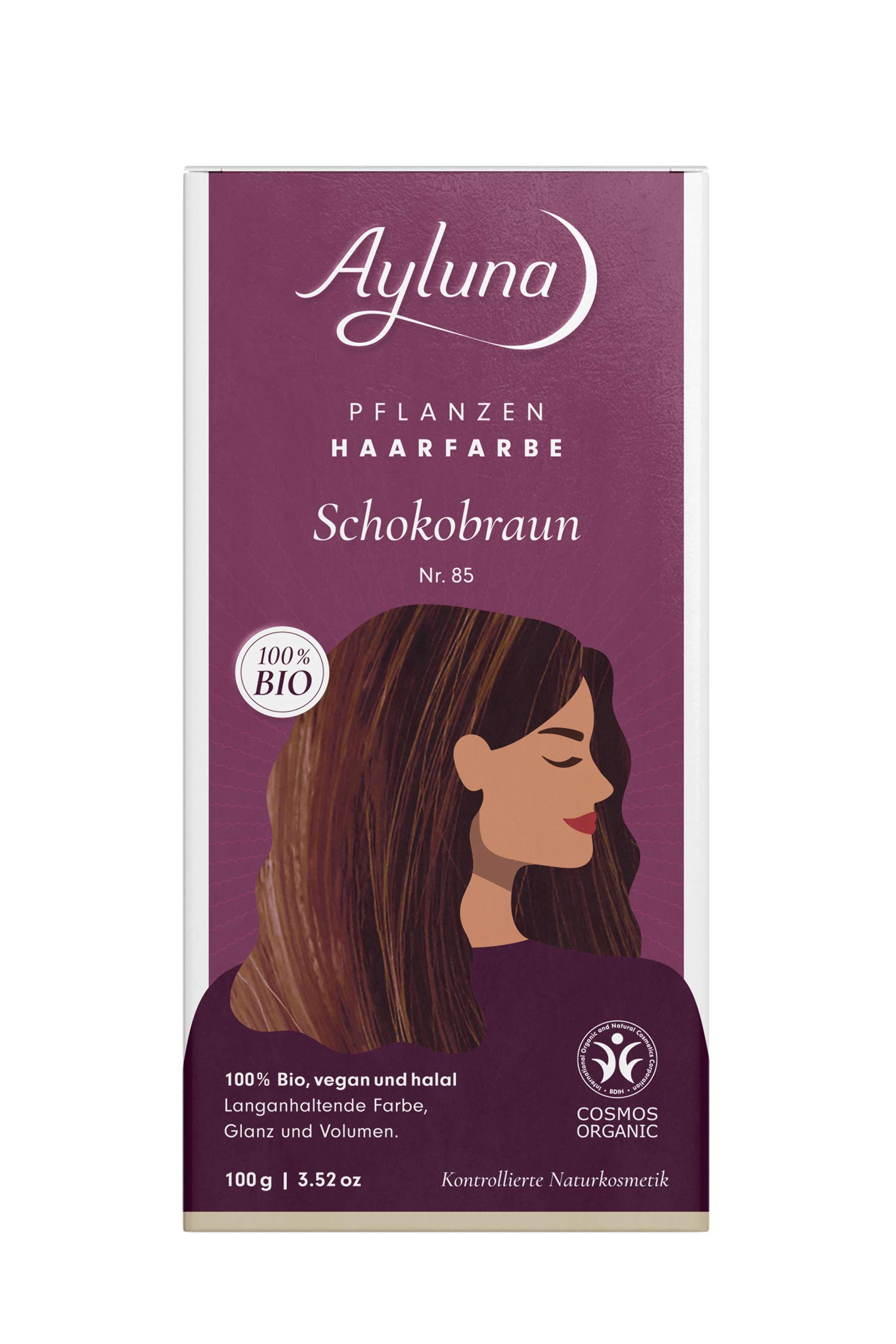 Ayluna Naturkosmetik Pflanzenhaarfarbe Schokobraun Nr. 85 Pflanzenhaarfarbe 100% bio, vegan, halal, langanhaltende Färbung, Glanz & Volumen, Grauhaarabdeckung
