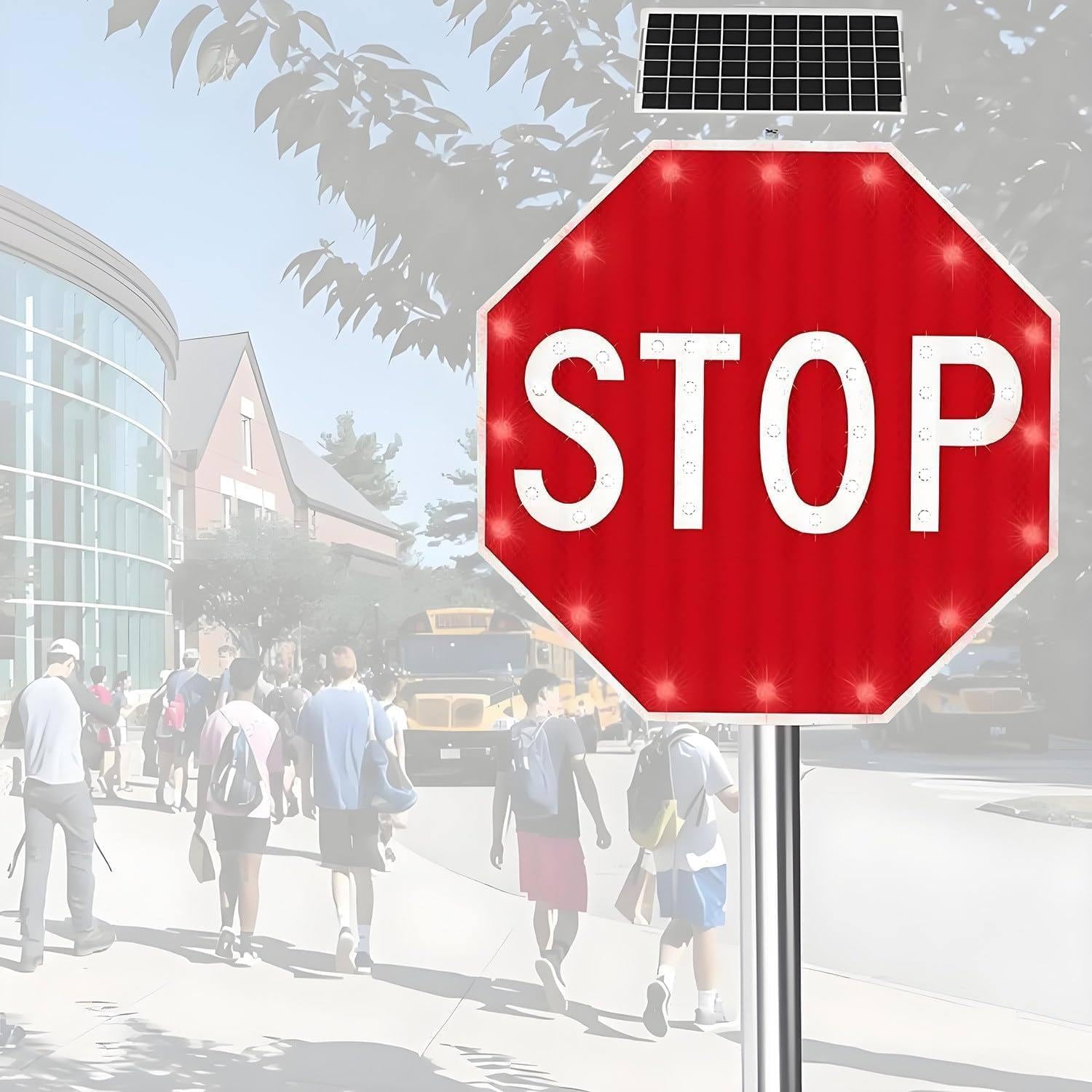 24" 30" Solar LED Stop Signs, Reflective Blinking Traffic Signal, Heavy Duty Aluminum, IP65 Waterproof, Windproof, Octagon Flashing Street Sign - 80cm (32in)