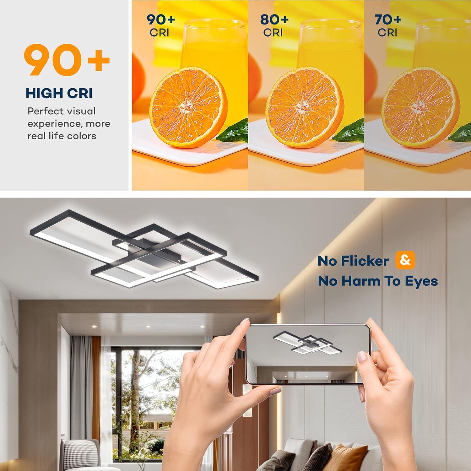LED Deckenleuchte Modern Design Deckenlampe Wohnzimmer, 65W Dimmbar WohnzimmerLampe Decke Mit Fernbedienung, Rechteckig Deckenleuchte Schwarz Für Schlafzimmer Küche Wohnzimmer Beleuchtung, 80cm