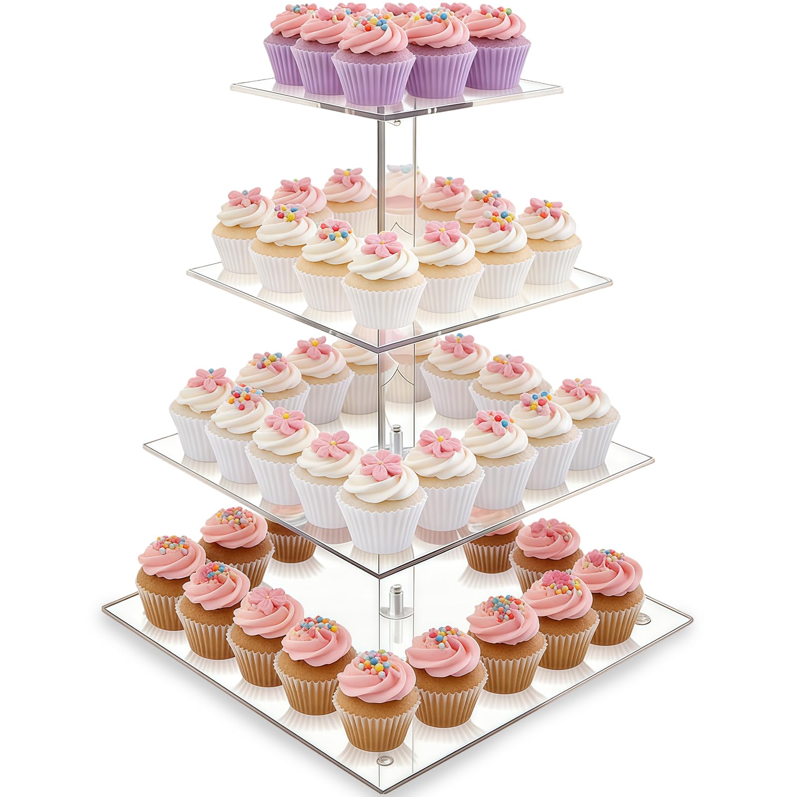 Meetoz Transparent Cupcake Stand,4 Tier Square Acrylic Cake Display Stand,Square Tiered Cupcake Tower,For Party, Wedding, Birthday, Baby Shower, Halloween