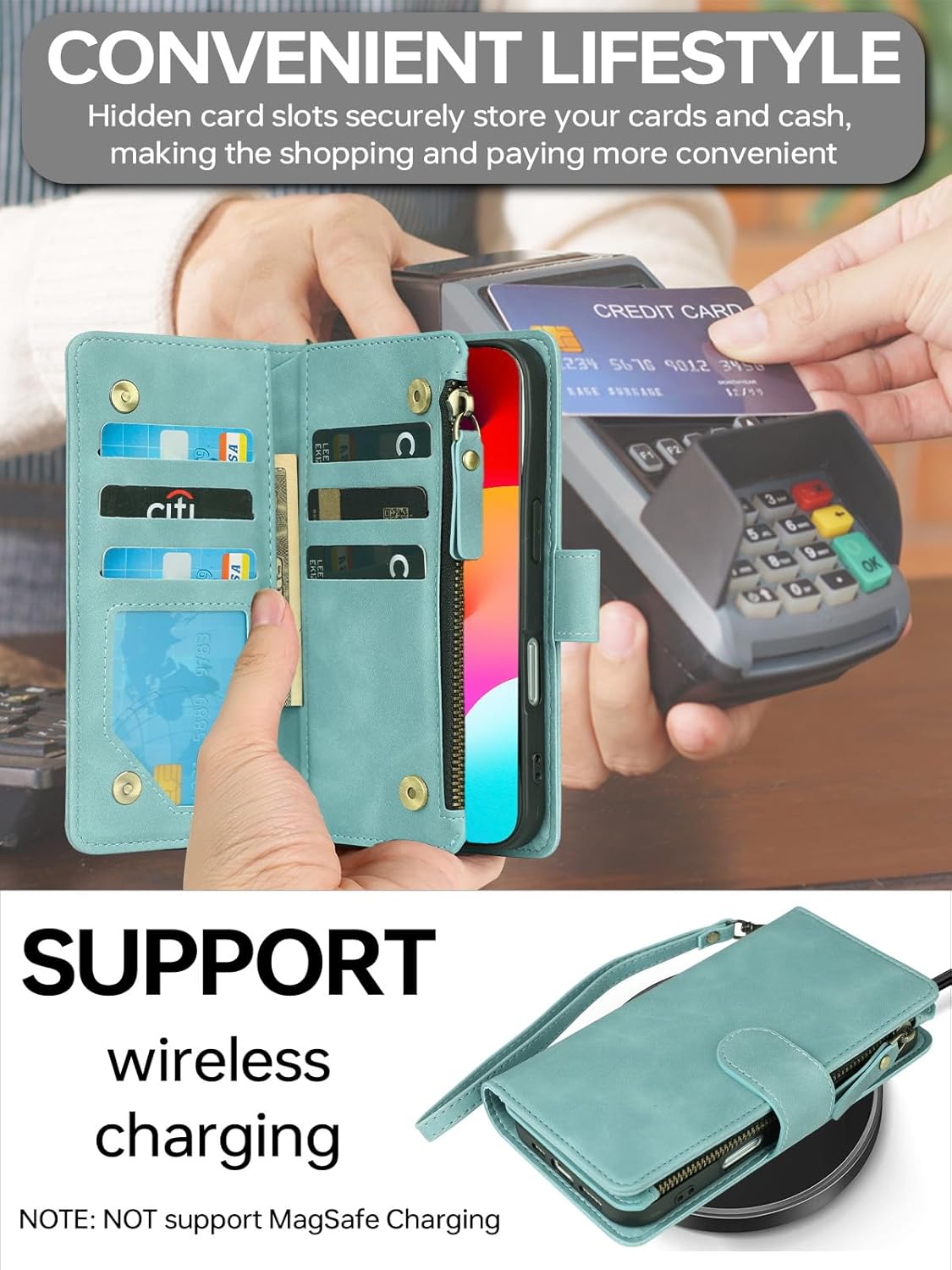 RANYOK Wallet Case Compatible with iPhone 17 Air Case, with 6 Card Holder RFID Blocking, PU Leather Zipper Flip Wallet Pocket, Kickstand, Wrist Strap | Protective Phone Cover for 17 Air, Light Blue - Image 4