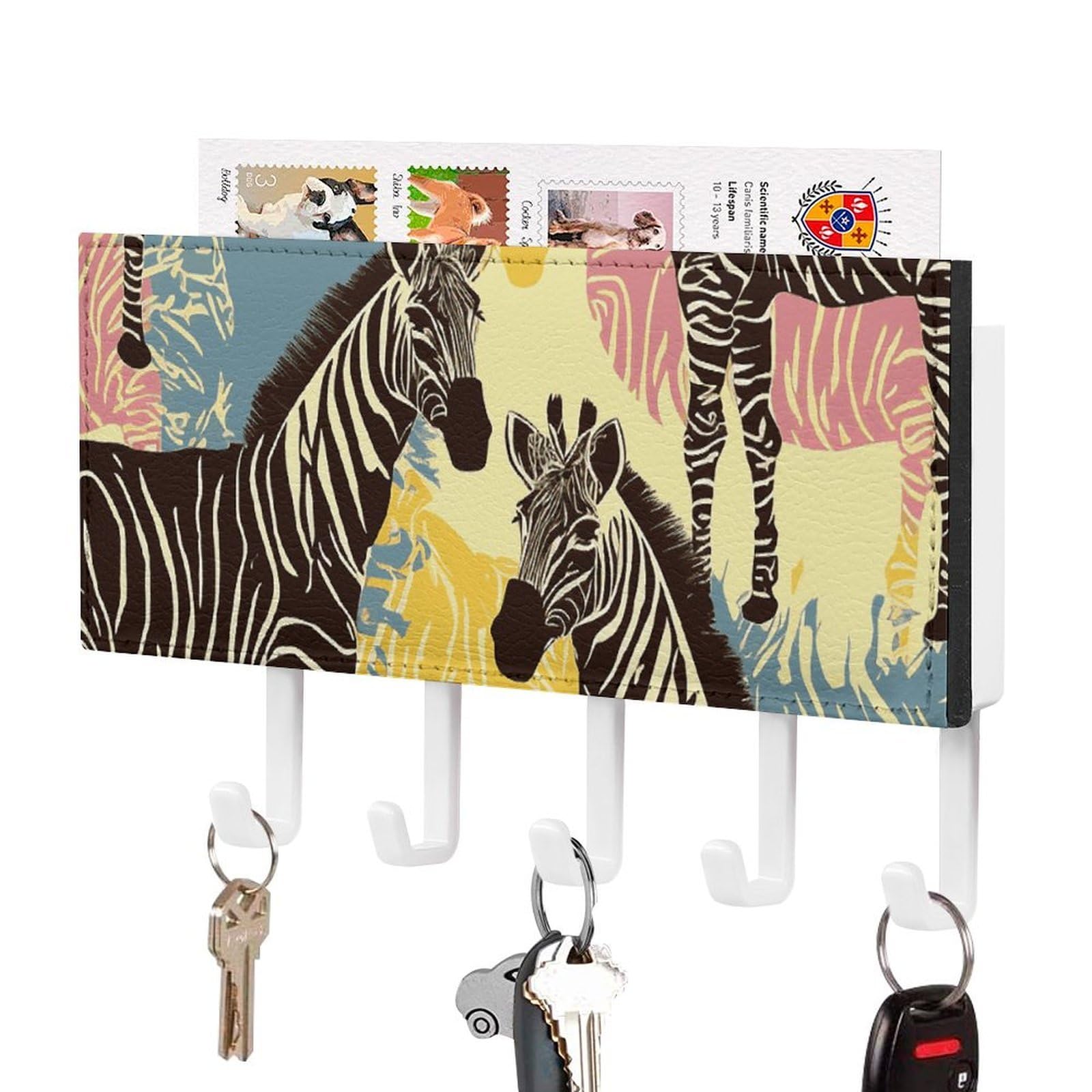 JTREHY Giraffe and Zebra Holder Wall-Mounted Key and Mail Holder,Key Rack with 5Keys Hooks, Easy to Install Mail Organizer for Entryway, Front Door, Hallway, Office