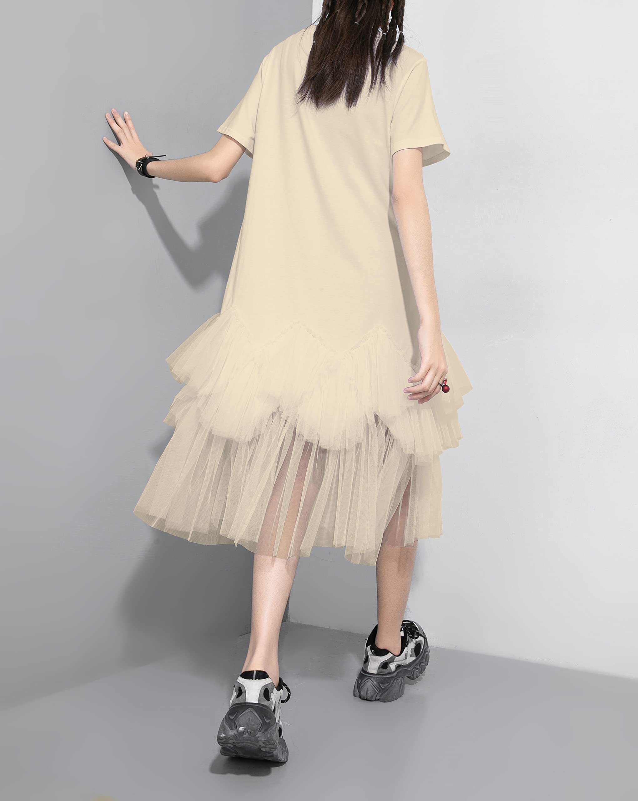 ellazhu Damen Kurzarm Casual Rundhals Patchwork Sommerkleid Tüll Kleid Oversized T-Shirt Kleid GY2266