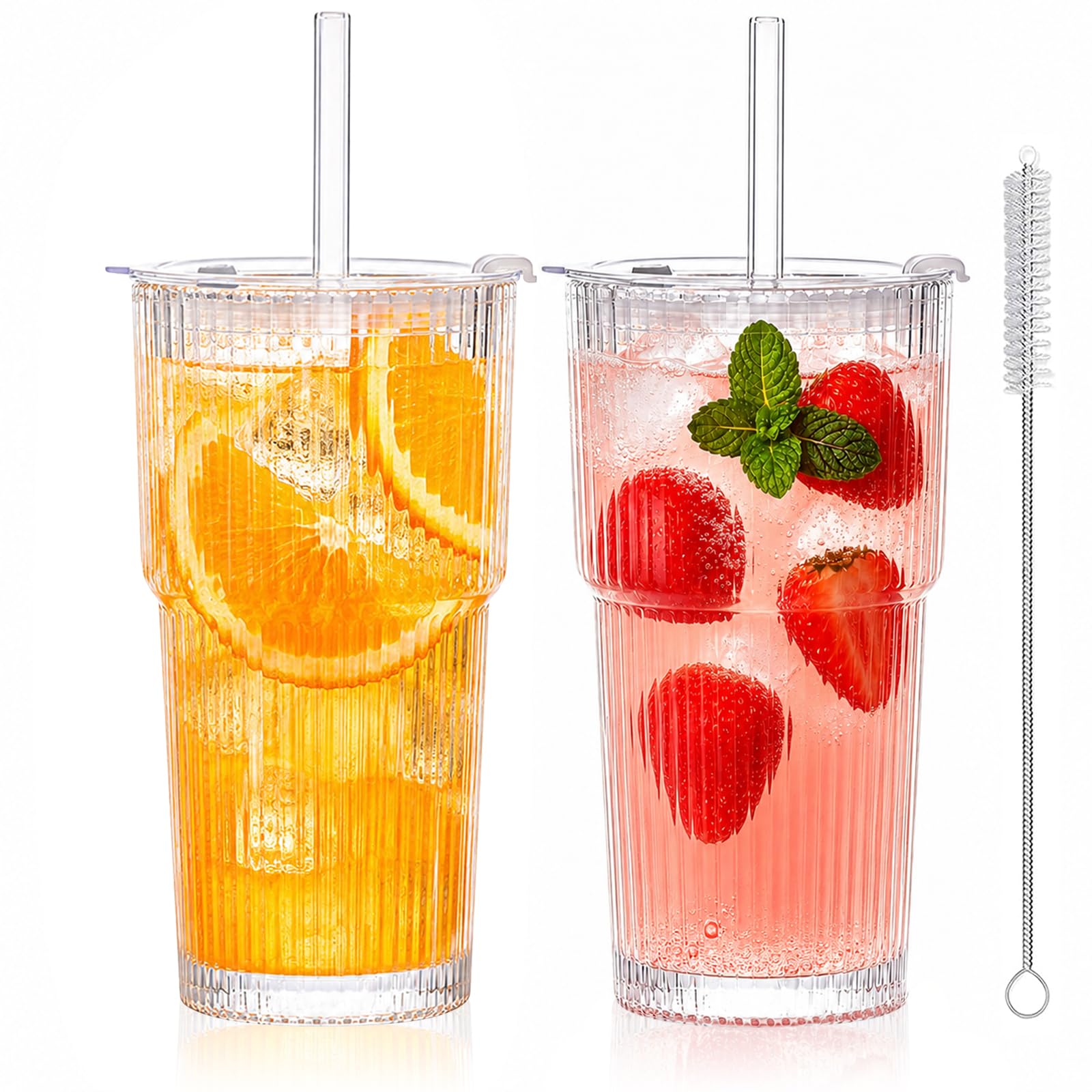 Lotiaan 2 Pack 600ml Glass Cups with Lids and Straws, Ribbed Glass Tumblers, Leakproof Coffee Glasses, Cups for Hot and Cold Drinks, Iced Coffee Cup, Smoothie Cup, for Cocktail, Tea, Milk, Juice (2)
