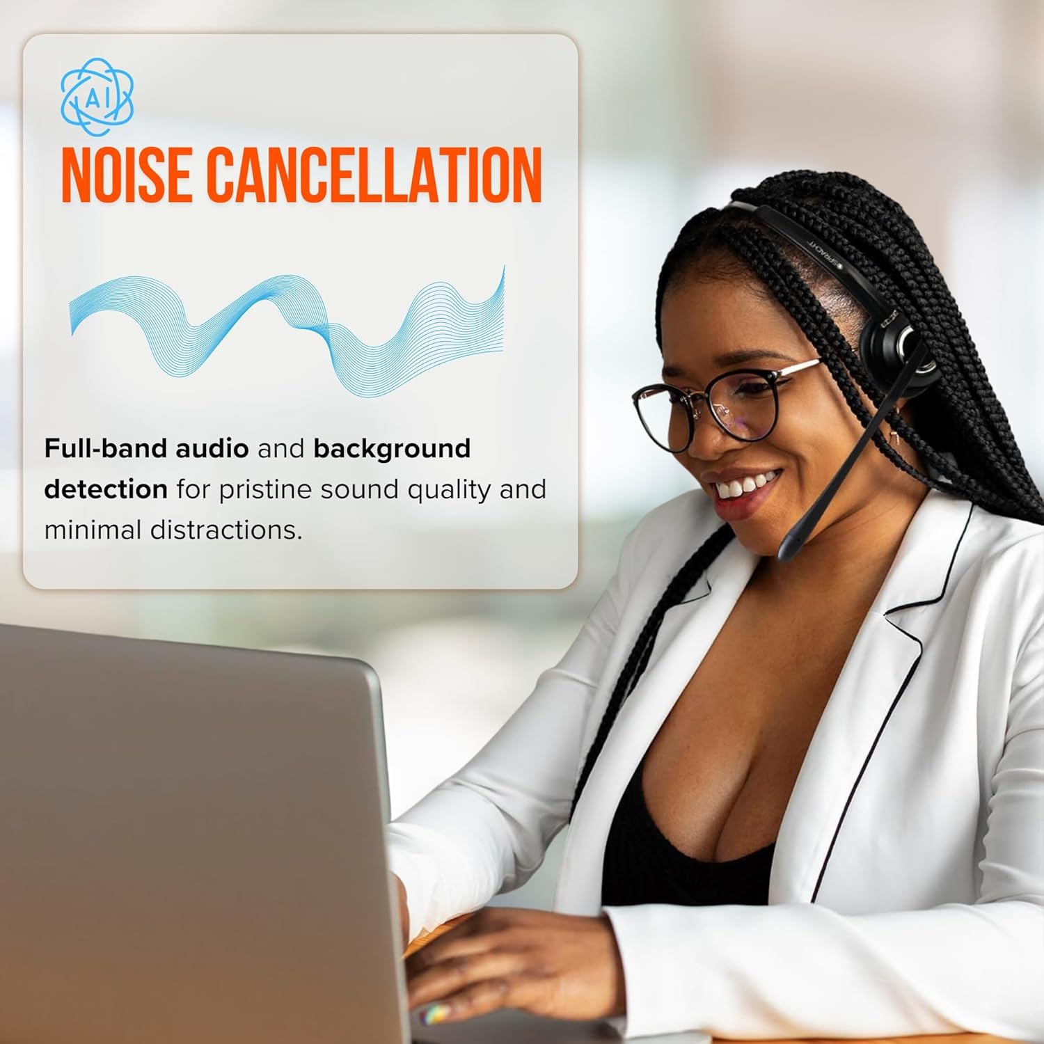Woman wearing Spracht headset, illustrating noise cancellation technology