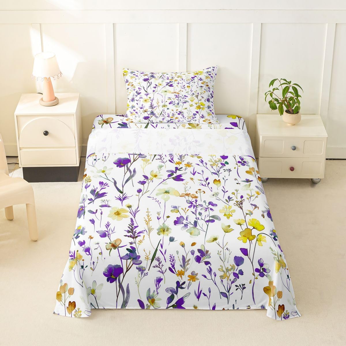 Erosebridal Boho Sheet Set Watercolor Floral Twin Sheets Set for Toddler Boys,Yellow Purple Rustic Flowers Plant Leaves Botanical Fitted Sheet