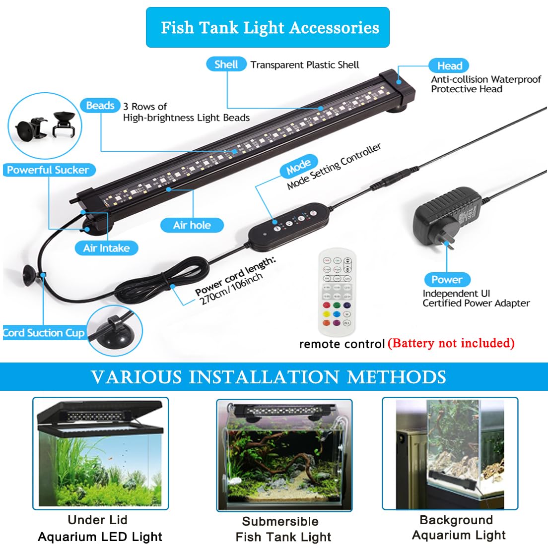 Luci subacquee per acquario, luce subacquea 24/7 cicli con timer, luminosità regolabile, 8 colori, luce LED a spettro completo subacquea per decorazione