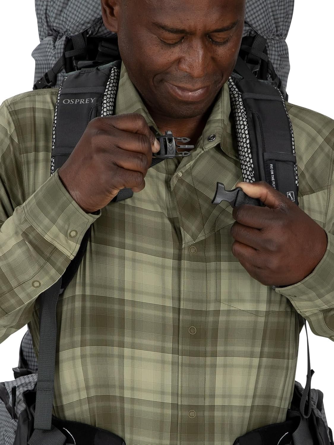 Adjusting sternum strap on Osprey Aether Pro 75L backpack
