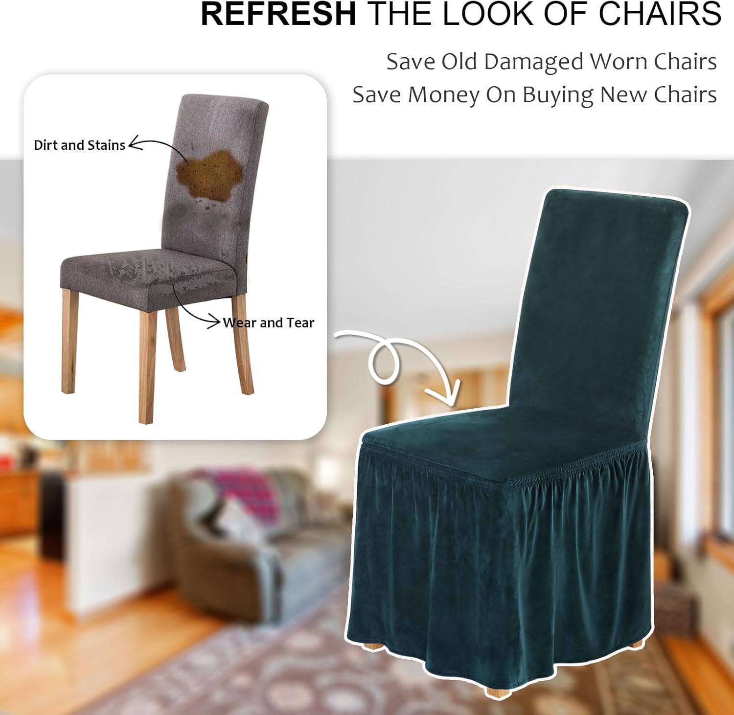 NICEEC Spandex Chair Covers for Dining Chairs Covers Set of 2 Unfitted Fabric Slipcovers for Furniture with Skirt Parson Chair Slipcovers Chair Protector for Kitchen Wedding Banquet(Dark Teal)