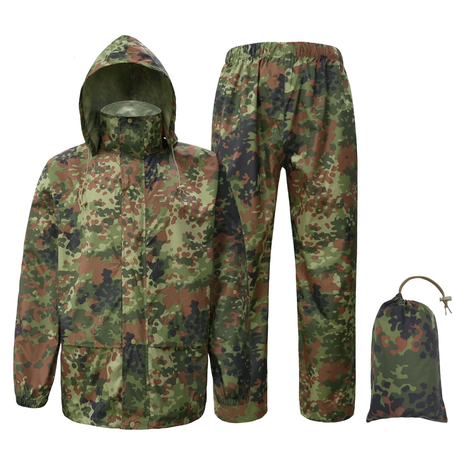 Regenanzüge für Männer Wasserdichtes Regenzeug Erwachsene Regenjacke Hose Atmungsaktiv Leichter Regenmantel Kapuze Jagd Tarnmuster