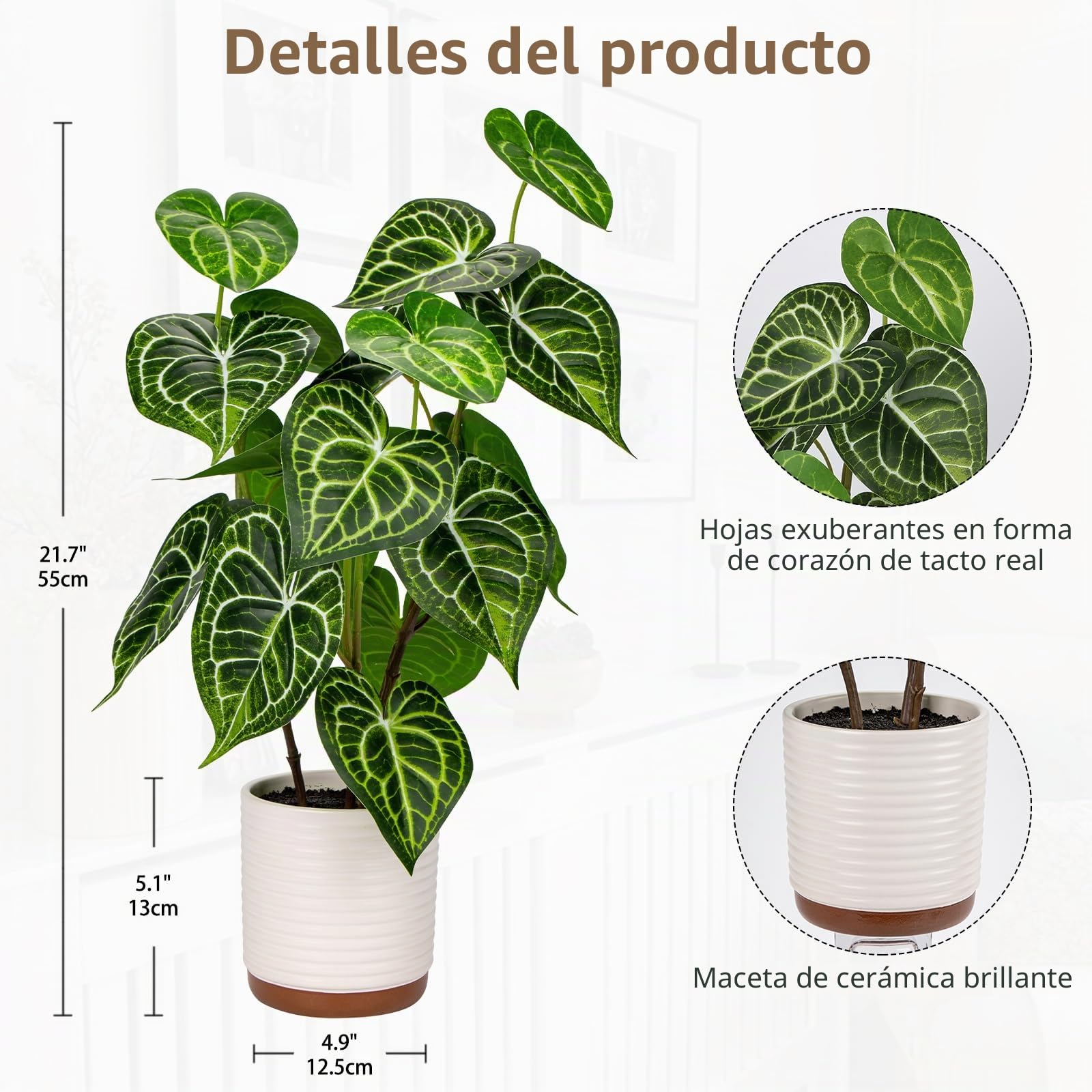 Briful Plantas artificiales de 55 cm de alto en maceta de cerámica, plantas artificiales grandes de 21.7 pulgadas en forma de corazón, plantas artificiales decorativas para decoración del hogar,