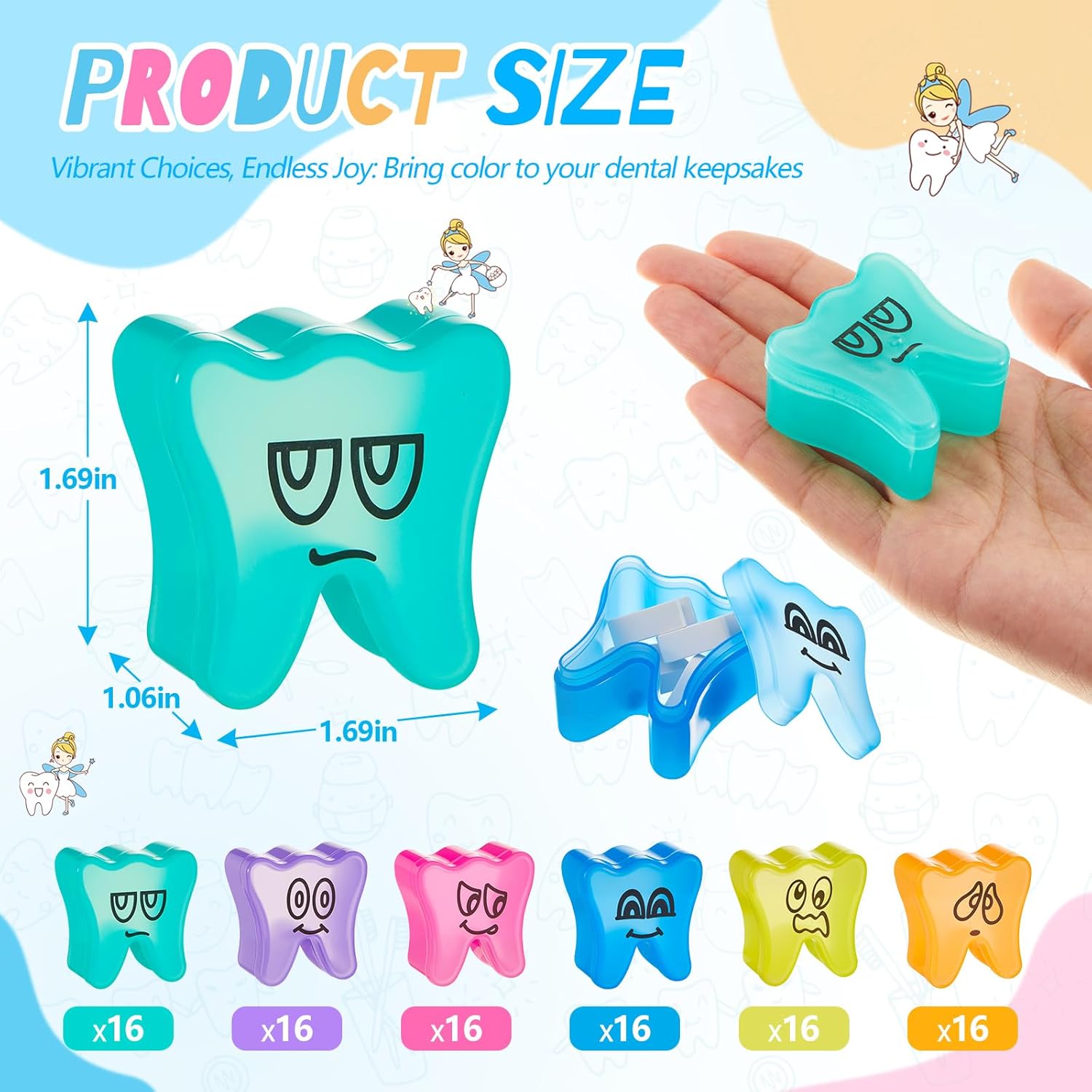 96 Pcs Colorful Tooth Saver Box for Kids Boys Girls Plastic Lost Fairy Tooth Holder Bulk Keepsake for School Classroom Dentist Baby Teeth Party Favor Bag Fillers 6 Colors 1.69*1.69*1.06 Inch