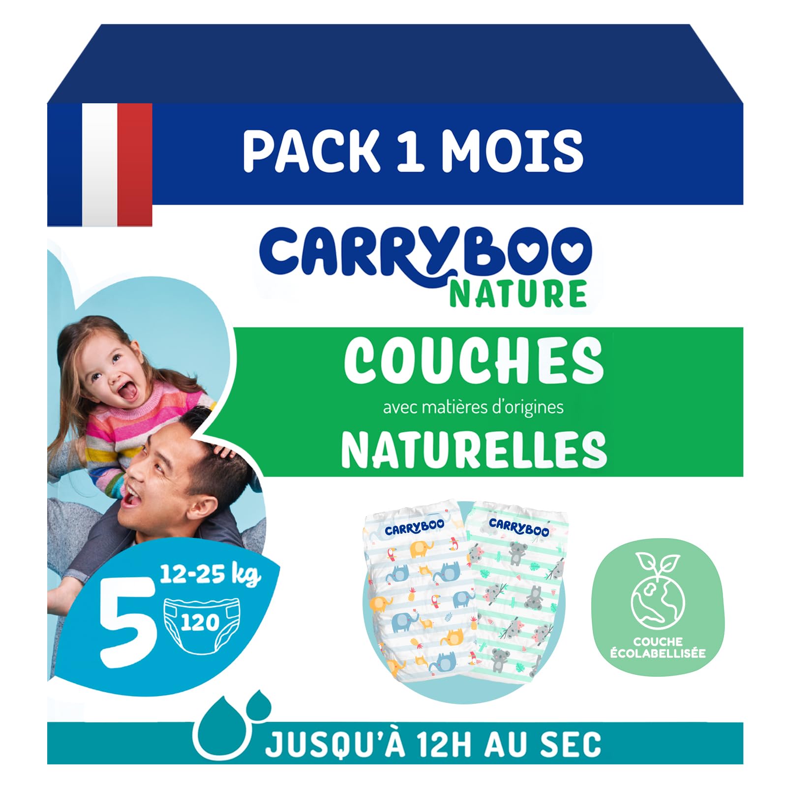 CARRYBOO Couches Taille 5 (12-25kg) Peaux sensibles Ultra absorbantes 12h Anti-fuites Fabriquées en France 120 Couches Pack 1 Mois