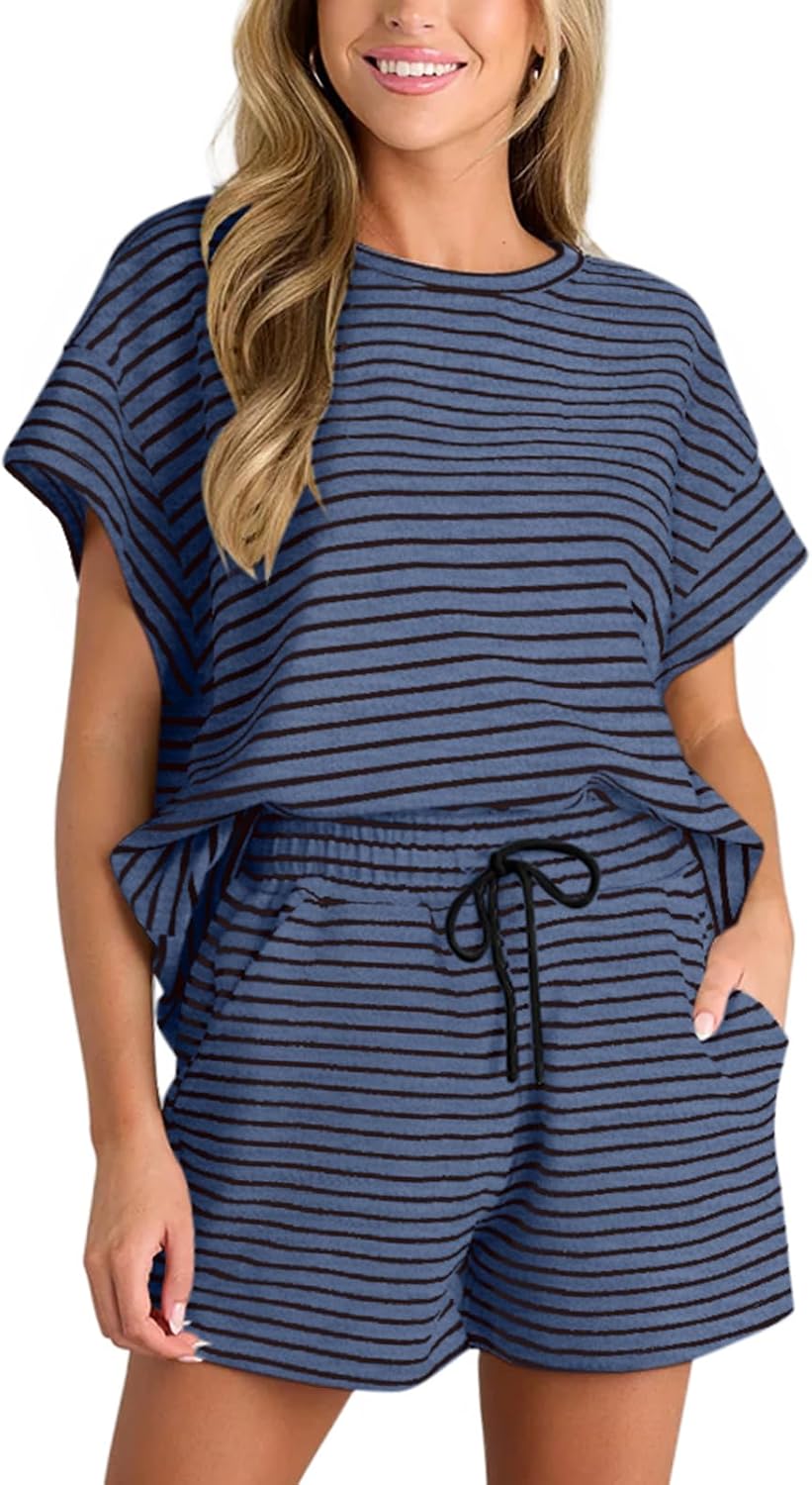 REORIA Women Cotton Crew Neck Striped Tracksuit Set Lounge Wear Sets Short Sleeve Tops and Shorts Two Piece Outfit Co Ord Sets