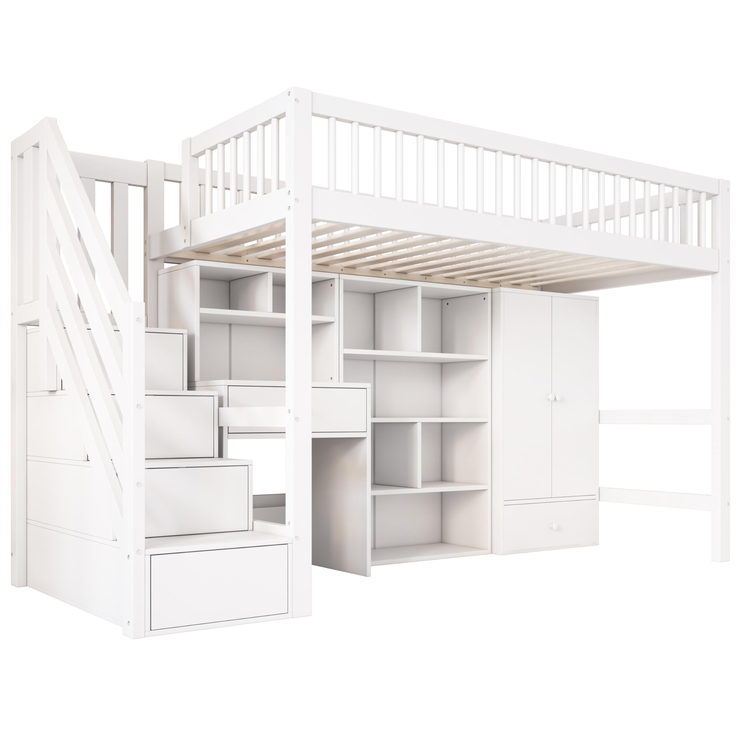 Merax Kinderbett Hochbett 90x200cm, mit Treppe Staufach Stauraum,Kleiderschrank,Schreibtisch und Bücherschrank, Etagenbett mit Lattenrost,Rausfallschutz, Ohne Matratze,Weiß/252.5×95×150cm