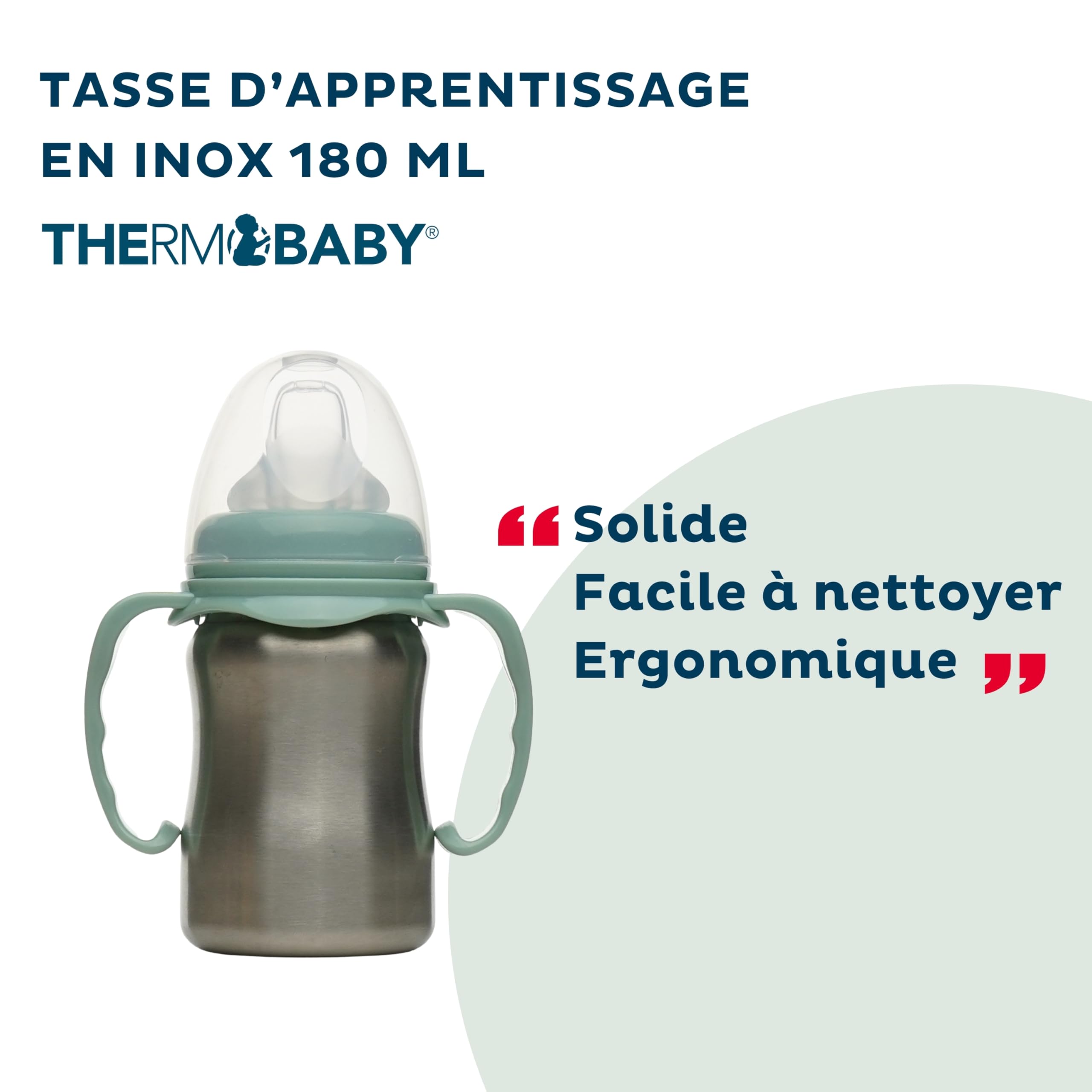 THERMOBABY - Tasse En Inox Bébé Avec Anses Et Tétine Silicone - Anti-Fuites - 180 ml - Facile À Nettoyer - Durable -Idéale Pour L’Autonomie De Bébé - Vert Cactus