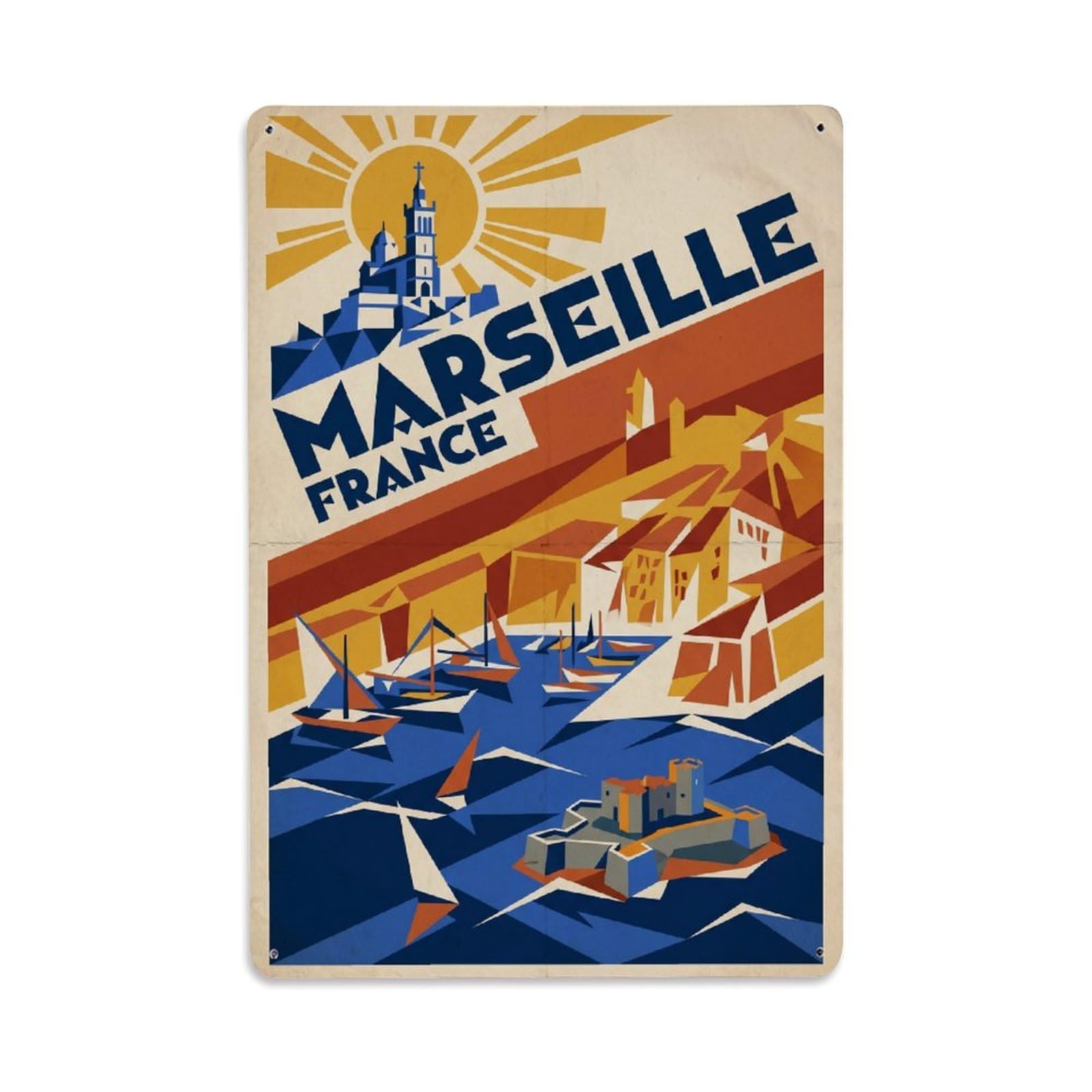 France Marseille Vintage Travel Metal Tin Sign Plaque Wall Decor for Cafe, Club Bar, Office, Garden Metal Poster 8x12Inch