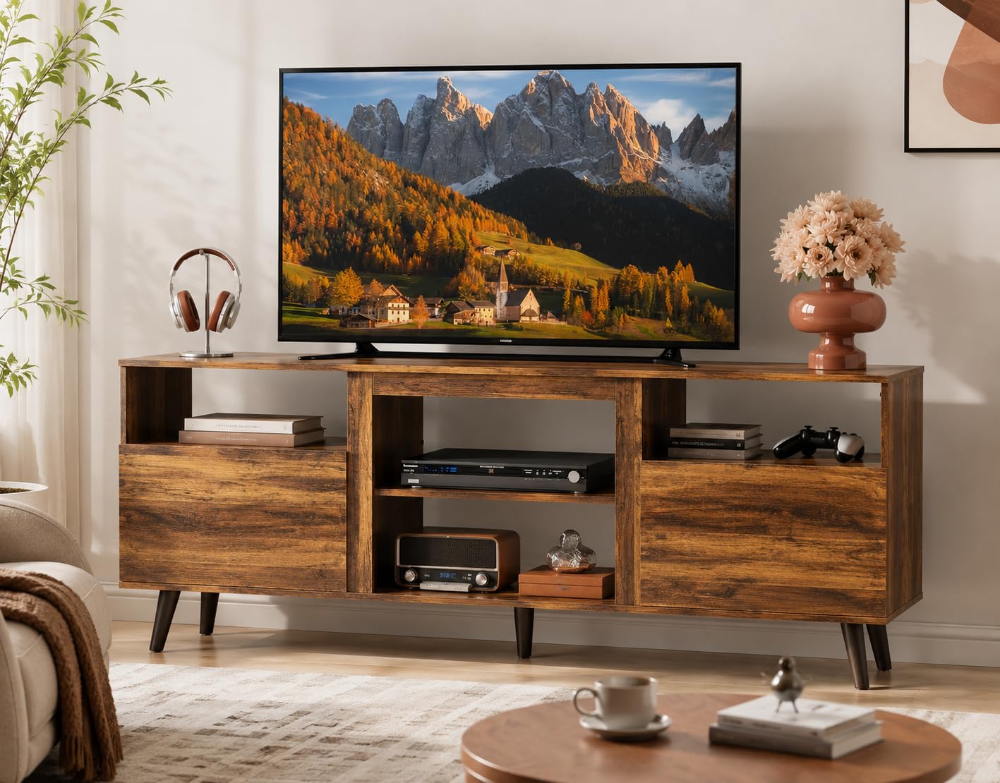 WLIVE Mid-Century Modern TV Stand for 55/60/65 Inch TV, Entertainment Center with Storage Cabinets & Open Storage, Media TV Console Table with Cable Management for Living Room, Retro Brown-image-34