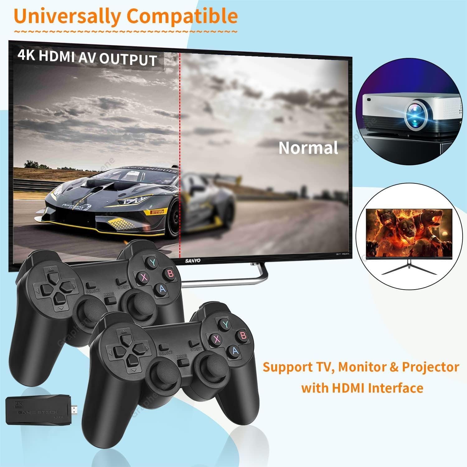 GRAPHENE Game Stick Lite Video Game 2.4G 10000+ Games Wireless Controllers Gamepad 64GB Preloaded 9 Emulators CPS, GB, GBA, GBC, MD, SFC, FC, N64, PS1, PSP Dual Retro Game Console Plug & Play 1