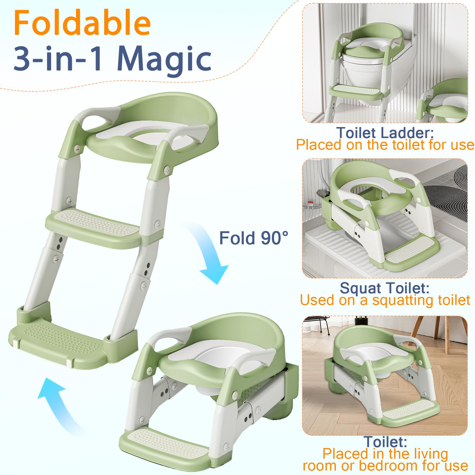 Potty Training Seat with Step Stool Ladder, 3-in-1 Toddler Toilet Seat and Potty Chair with Splash Guard, Anti-Slip Pad Adjustable, Potty Training Toilet for Kids Boys Girls Toddlers Green - 2