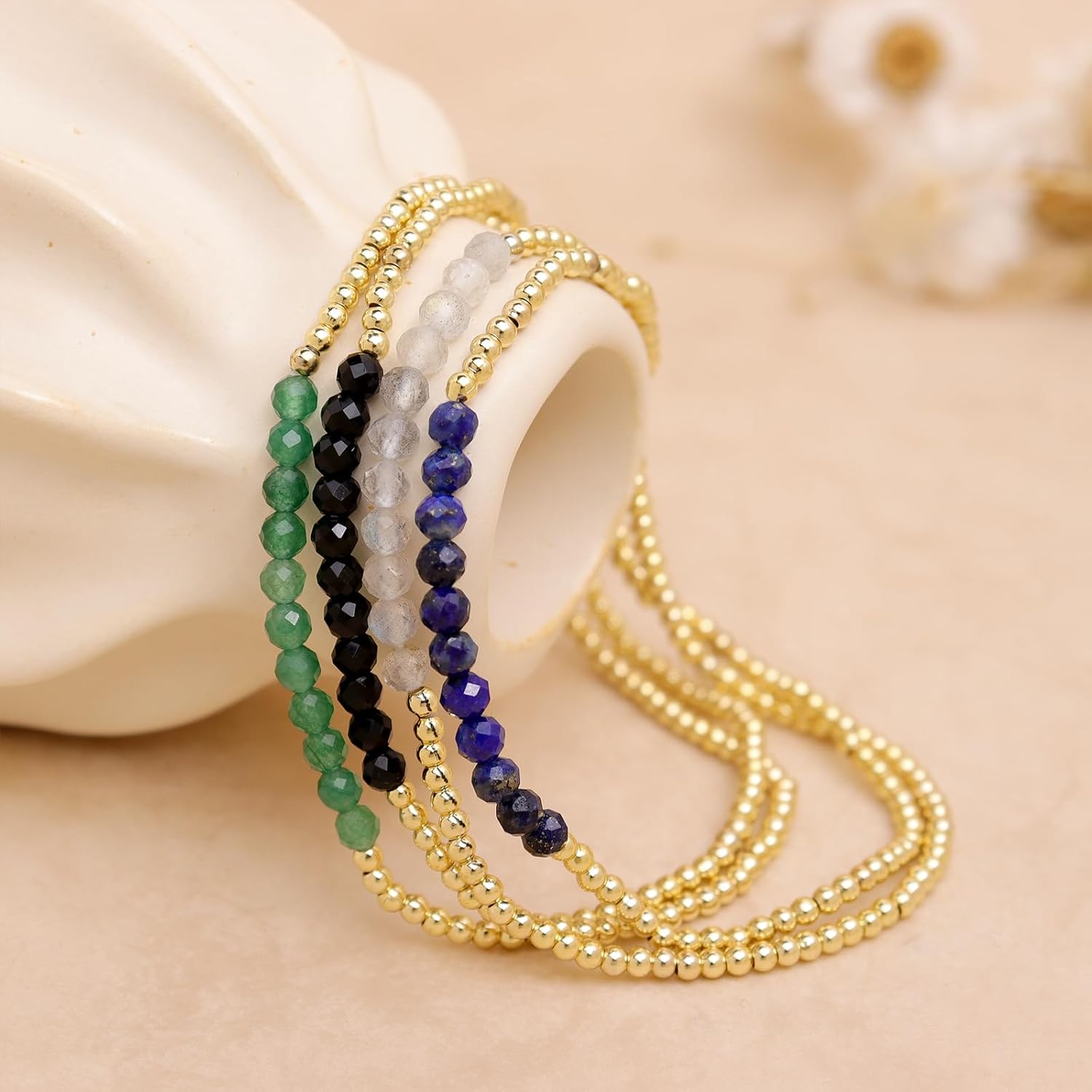Gold Beaded Gemstone Bracelets Stack Set for Women, Trendy 4Pcs Boho Handmade Navy Green White Black Natural Stones Beads Stackable Bracelet Summer Beach Jewelry Gift. - Image 7