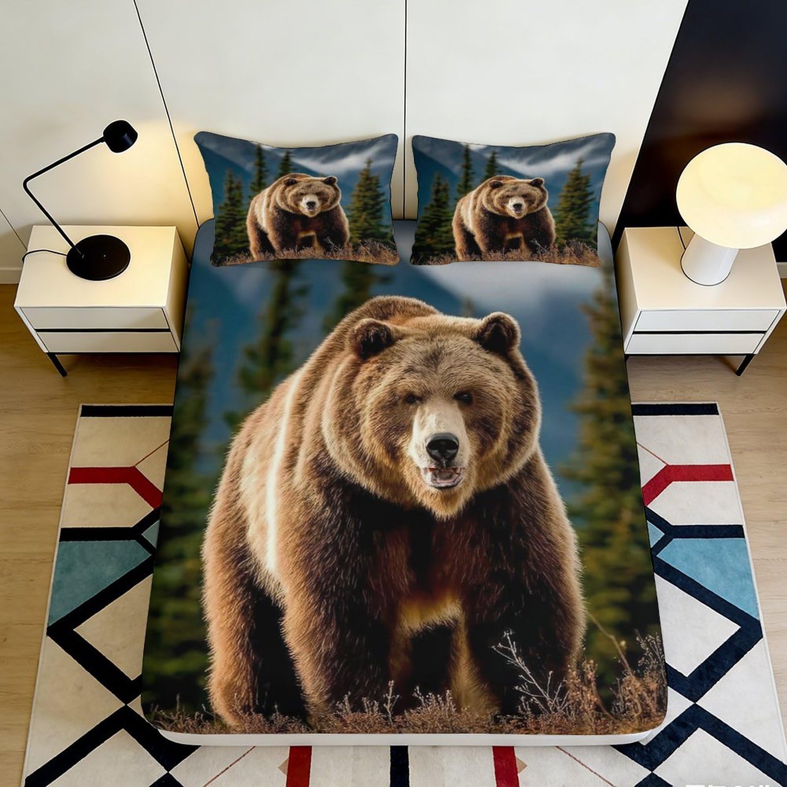 3D Printed Brown Bear Forest Fitted Sheet Microfiber Soft Breathable Wild Animal Bed Cover for Bedroom Guestroom Decor 90x200x25cm