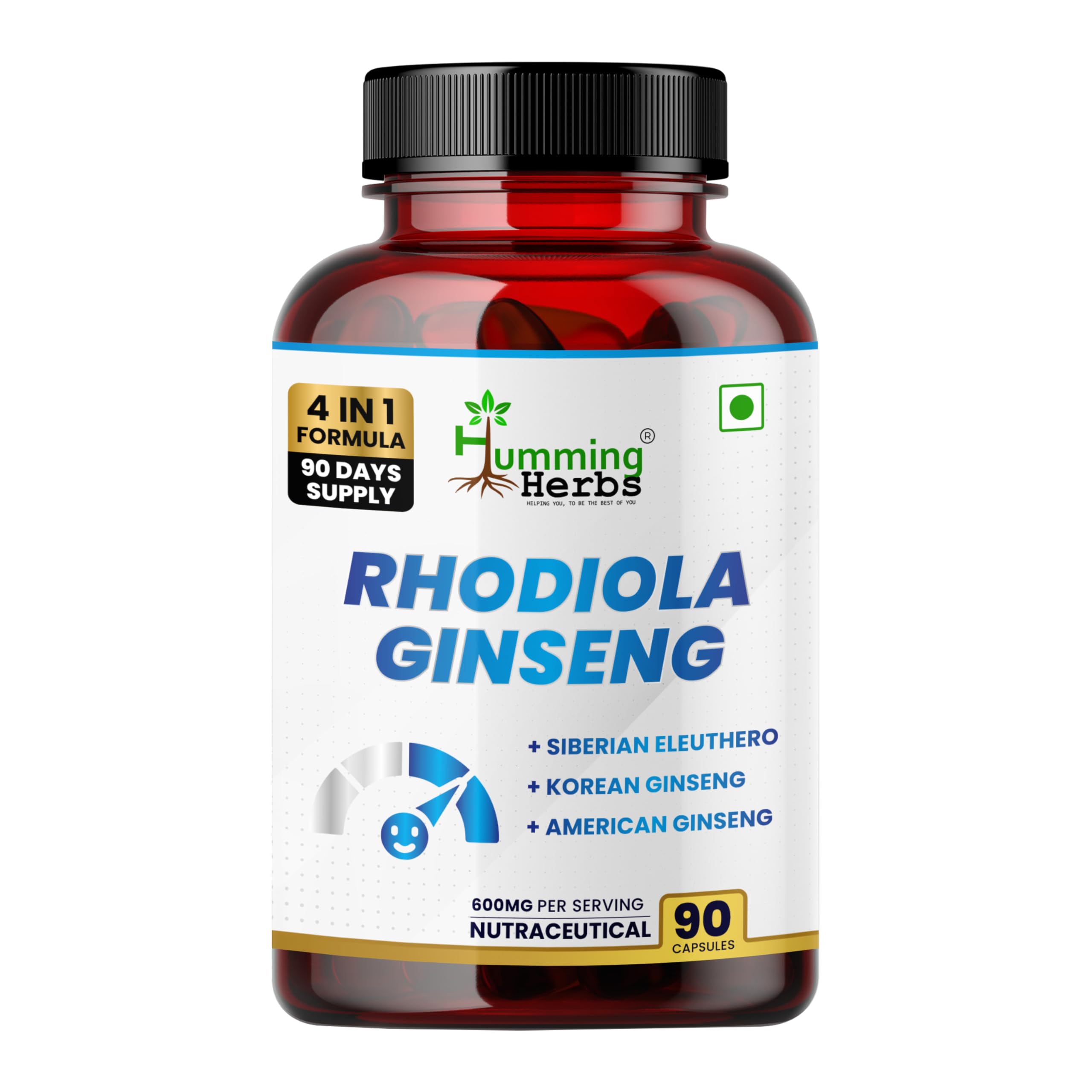 Rhodiola Rosea | 4in1 | 90 Caps | 1900mg Eq | with Red Korean, Siberian and American Ginseng Root Extract | Stress and Anxiety Relief Supplements