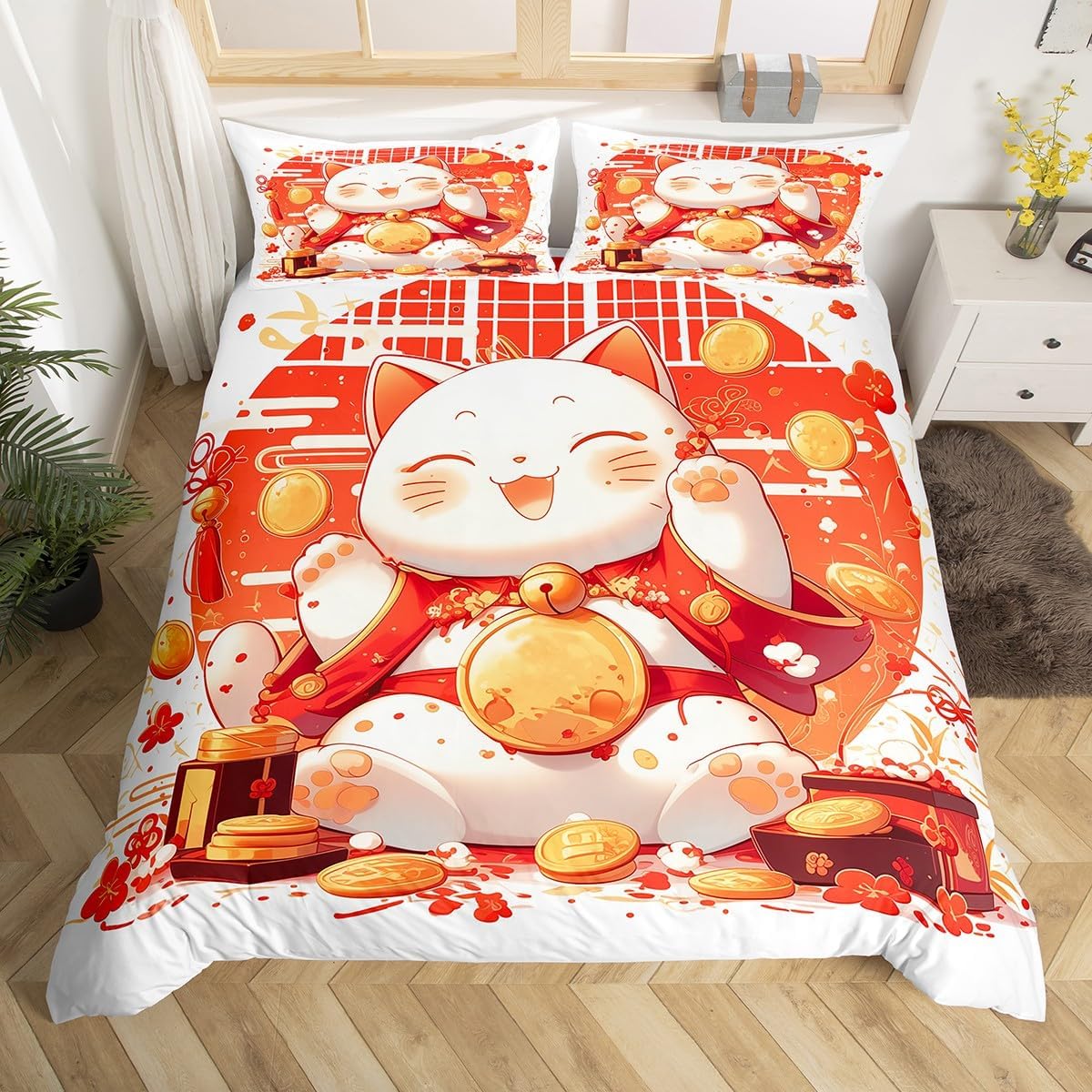 Kawaii Cat Duvet Cover Set Cute Cartoon Animal Japanese Style Bedding Set for Kids Boys Girls Teens Watercolor Red Orange Graffiti Hippie Quilt Cover with 1 Pillowcase(No Comforter)Toddler Size 2 Pcs