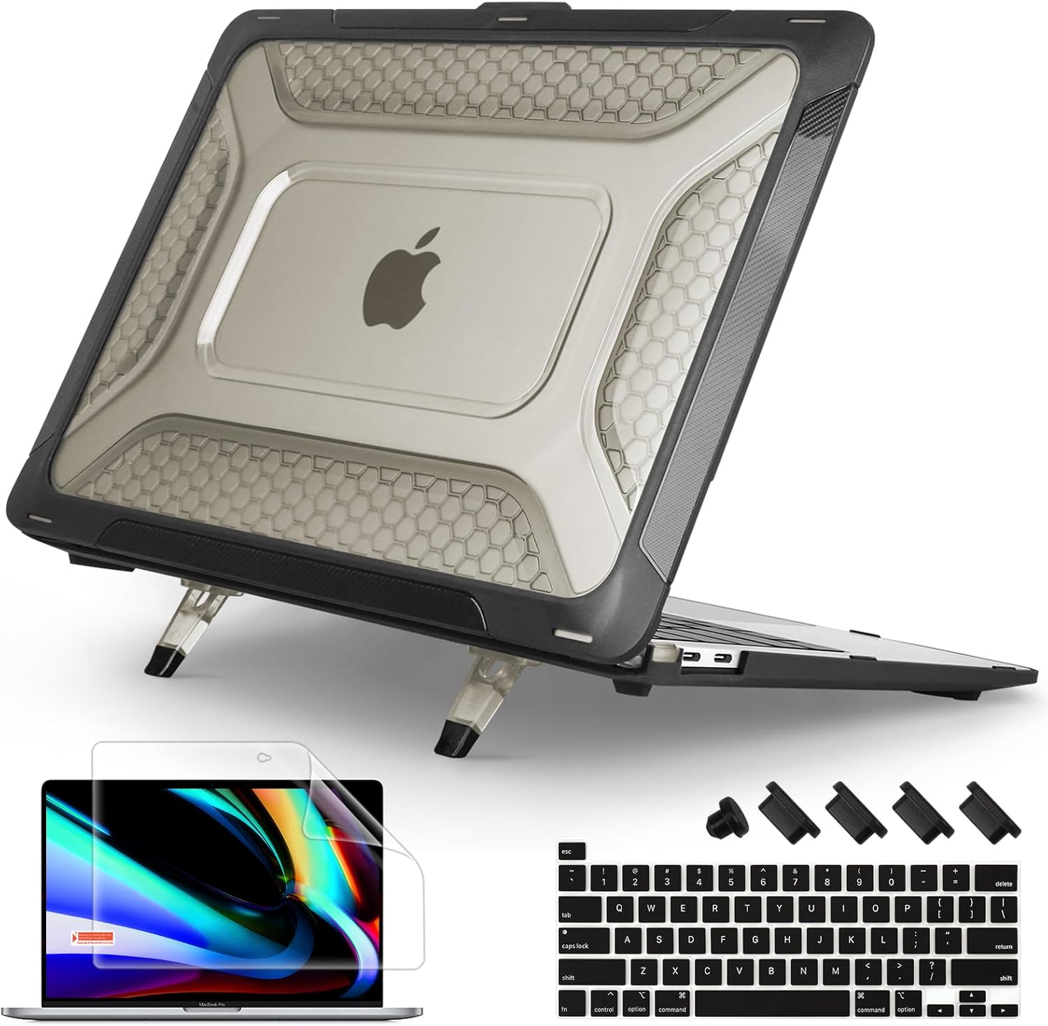 [ 2022 Honeycomb Fold Kickstand ] May Chen Compatible with MacBook Pro 16 inch Case with Touch Bar, 2019 2020 Release Model A2141, Heavy Duty Dual Layer Hard Shell Case Cover with TPU Bumper，Sky Black