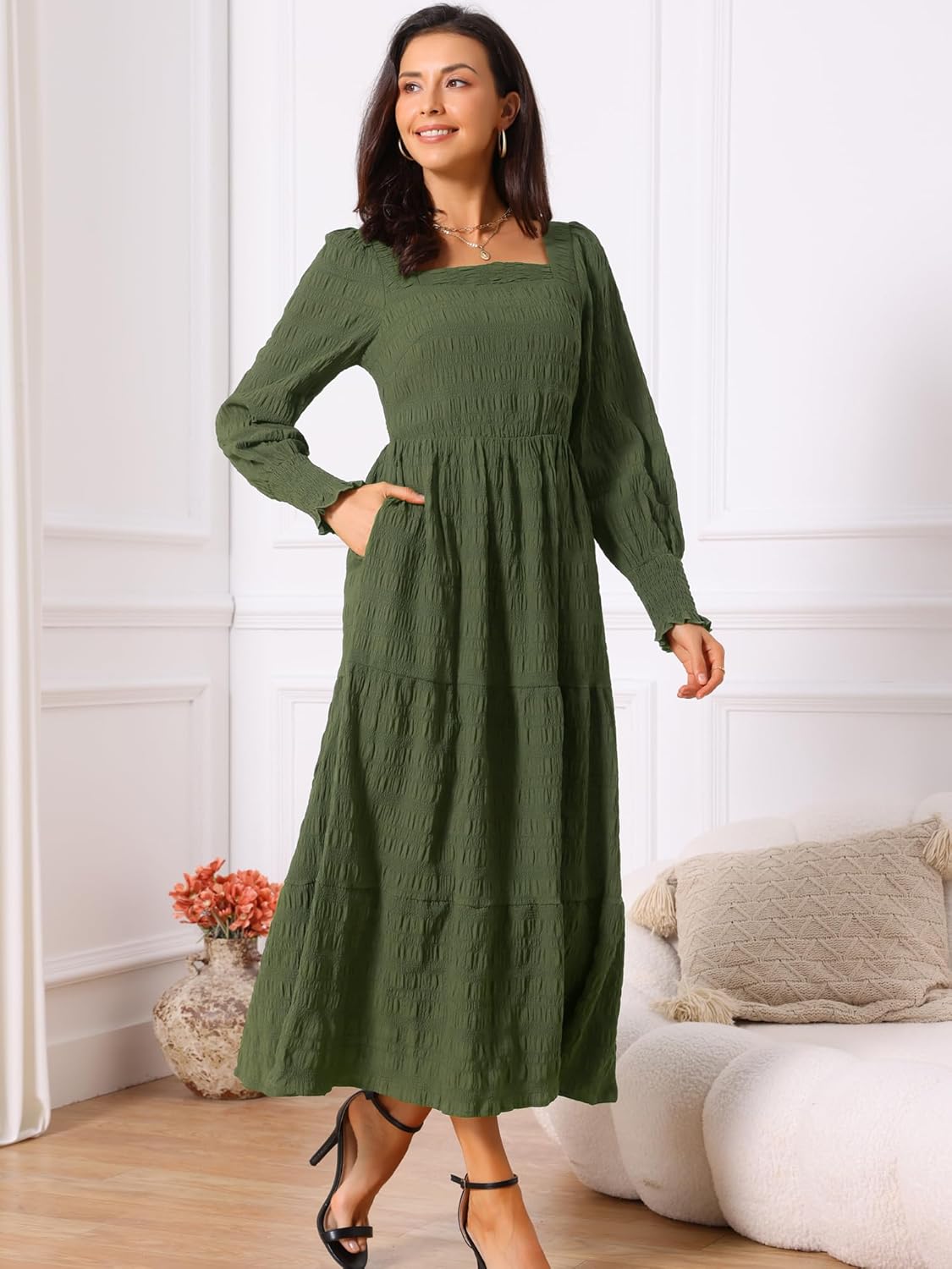 Seta T Women's Long Dress Long Sleeve Square Neck Flowy Tiered Fall Casual Maxi Dresses with Pockets - Image 2