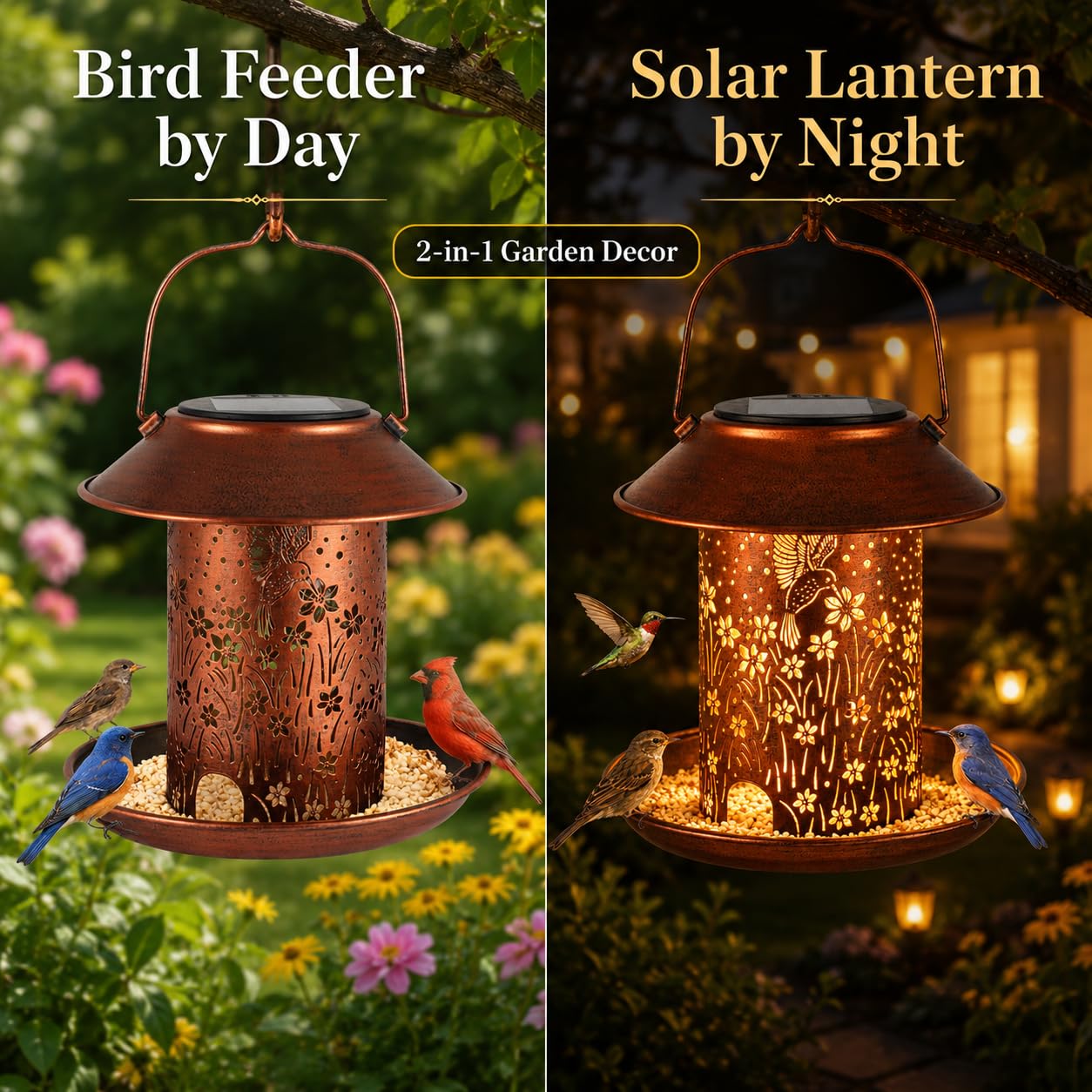 Comederos para pájaros para exteriores, faroles solares de colibrí, impermeables, para colgar, decoración de jardín, regalos de cumpleaños para mujeres, mamá, Navidad, decoración solar de metal para