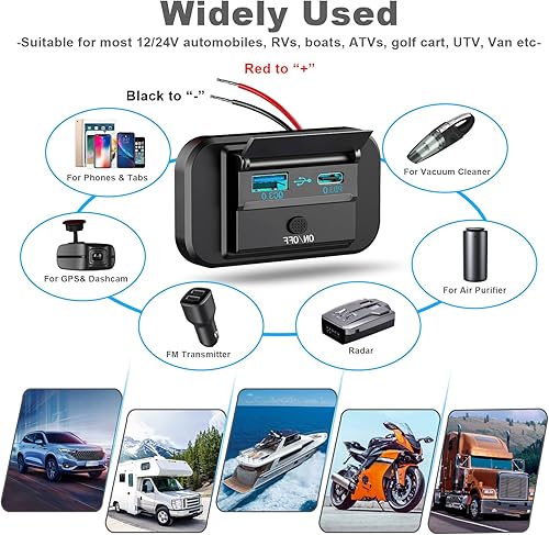 Miniatura 3 de 2 salidas USB RV de 12 V con interruptor de alimentación, 38 W Dual PD3.0 Tipo-C y carga rápida QC3.0 USB-A Puerto Montaje en panel con tapa,