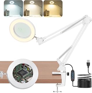Jubor Lupa con Luz y Soporte, 10X 8X Lámpara de Aumento, Lámpara de Trabajo con Pinza y Modo de 3 Colores, 72 Luces LED, Lámpara de Escritorio para Lectura, Reparación, Trabajo Manual