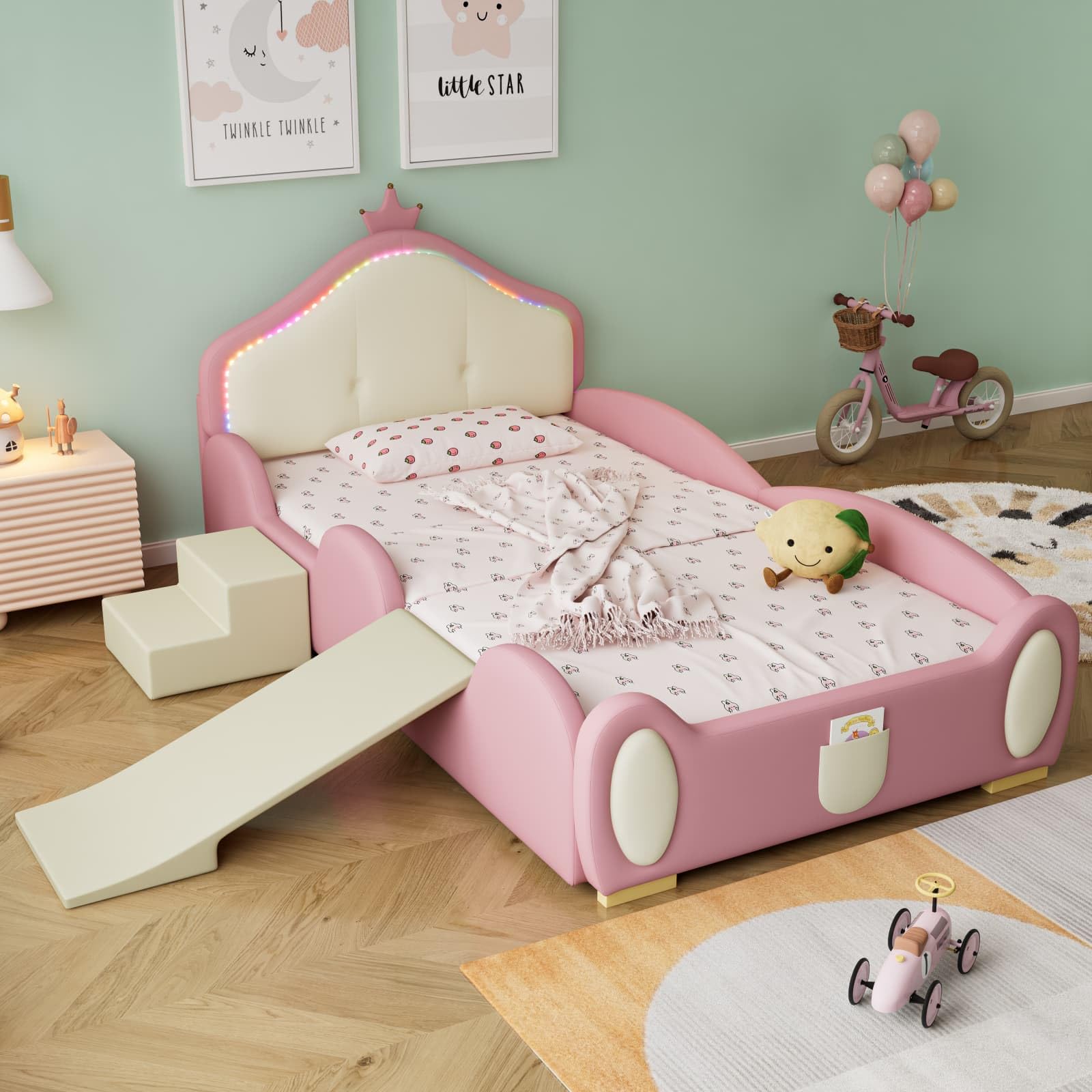 KOMHTOM Lit Enfant en Bois 90x200 cm - Lit LED Plateforme Simple avec Barrière de Sécurité et Toboggan - Escalier - Sommier à Lattes - Design Unique - PU - sans Matela (Rose-B)