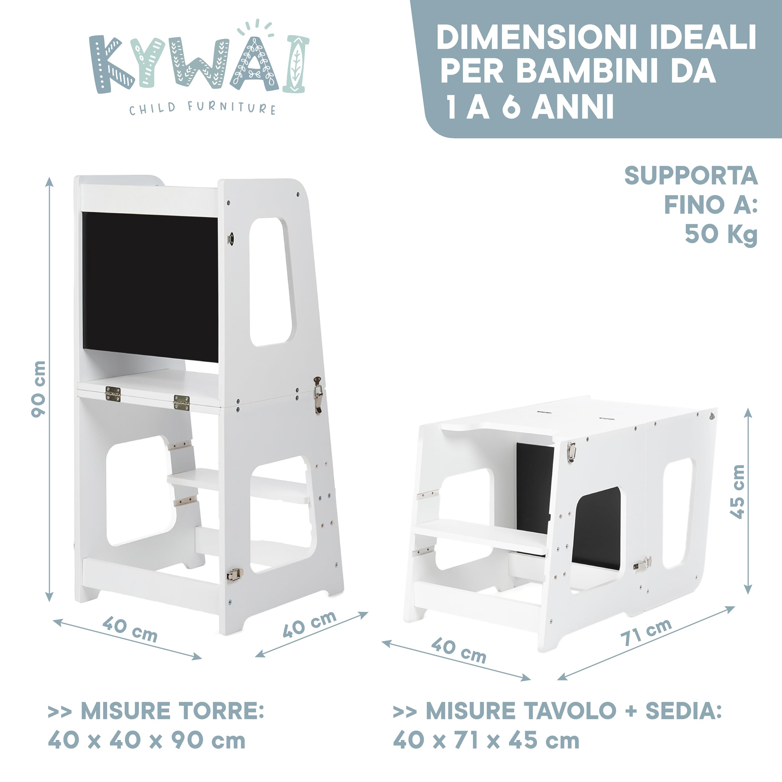 Torre Montessoriana Bambini Premium 3 en 1 Convertibile in Scrivania e Sgabello - Torre Montessoriana Pieghevole - Azienda Sostenibile Impegnata nella Riforestazione, Struttura Solida (Bianco)