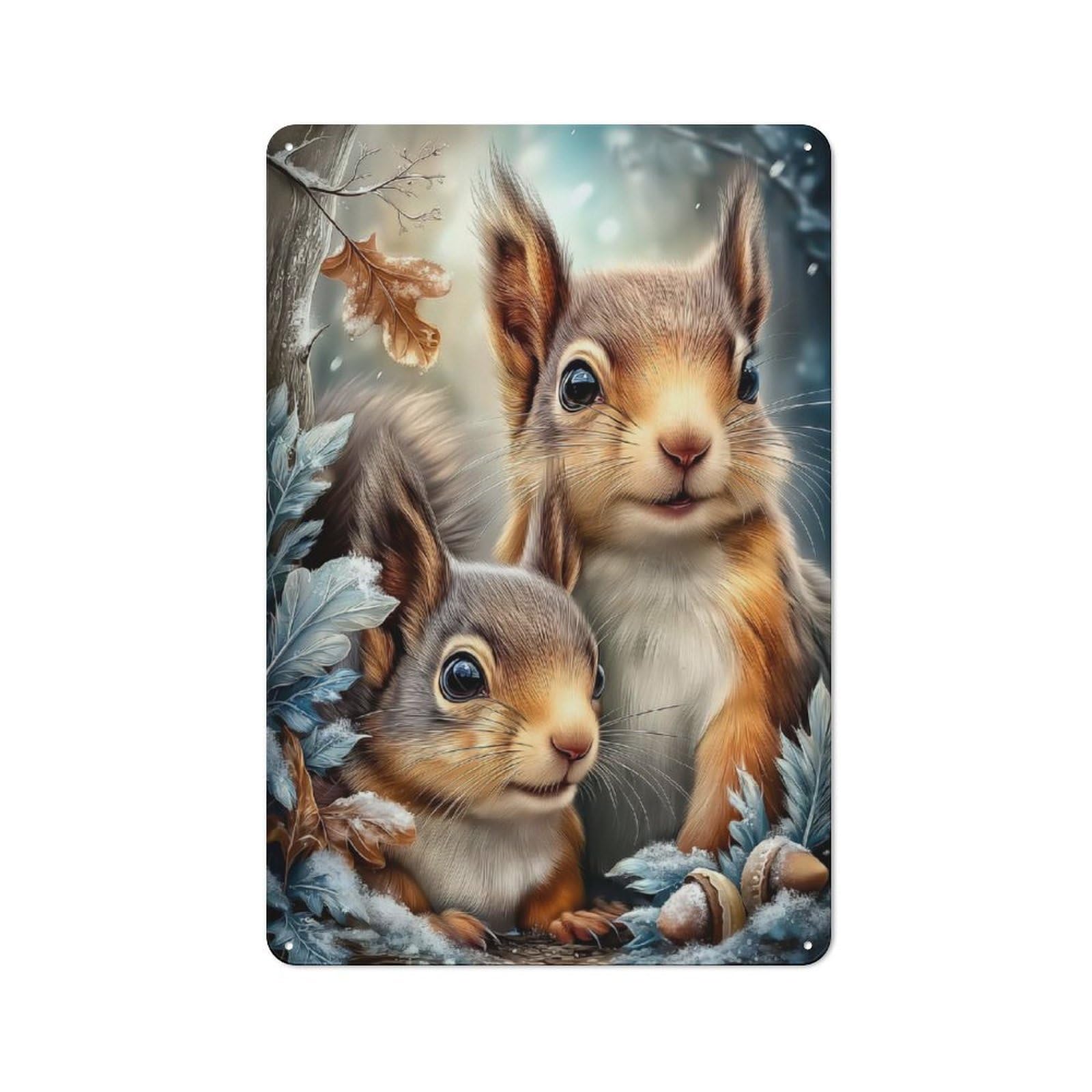 Junmoney Style-15 Decorative Metal Plaque With Two Squirrels In Winter Wonderland Design 30X20cm, Casual Utility Space Decor For Patio Bar, Workshop, Shed Or Kitchen