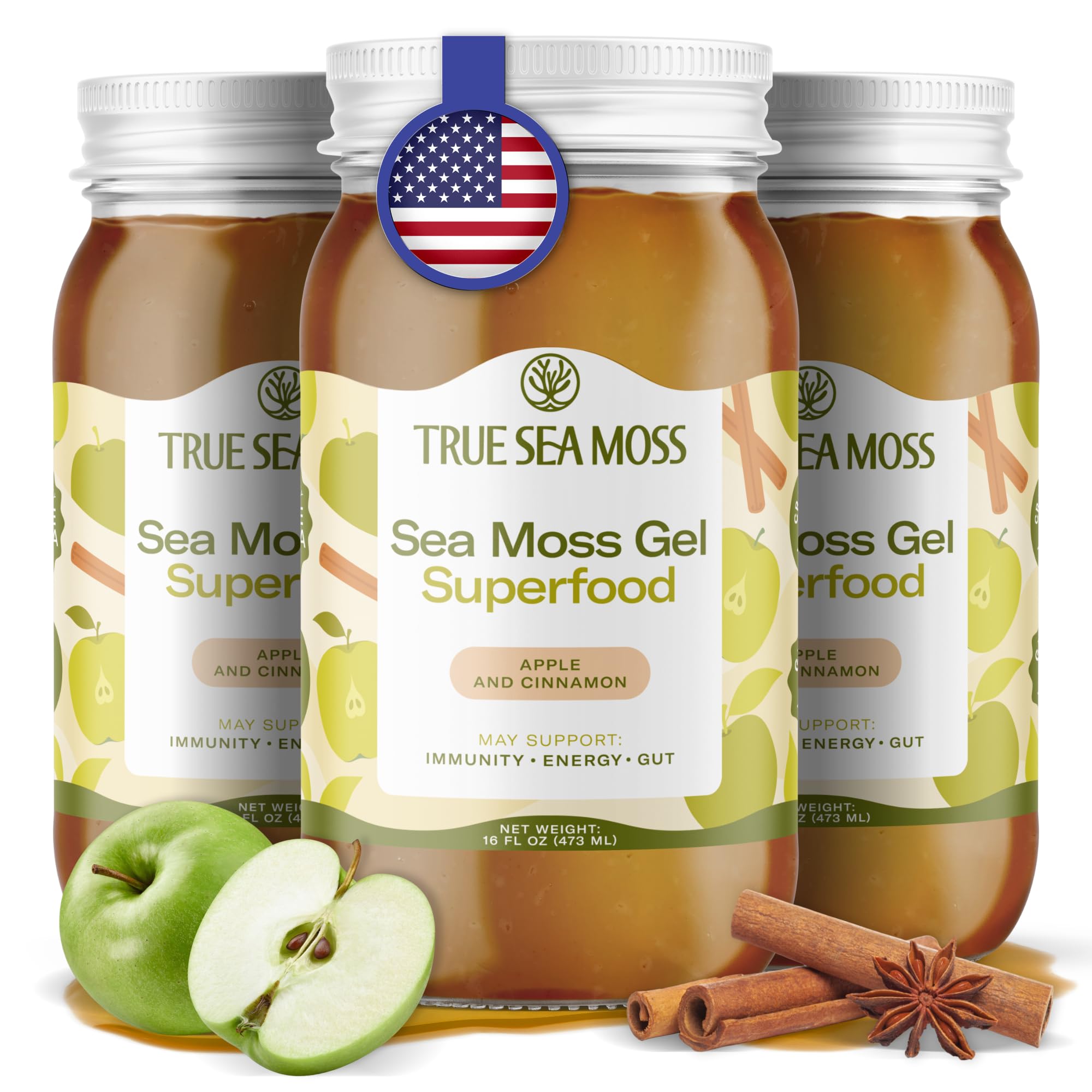 TrueSeaMoss Sea Moss Gel – Made in USA – Wildcrafted Seamoss, Fresh Fruits & Sea Vegetables – Apple/Cinnamon, Pack of 3 (Labels May Vary)