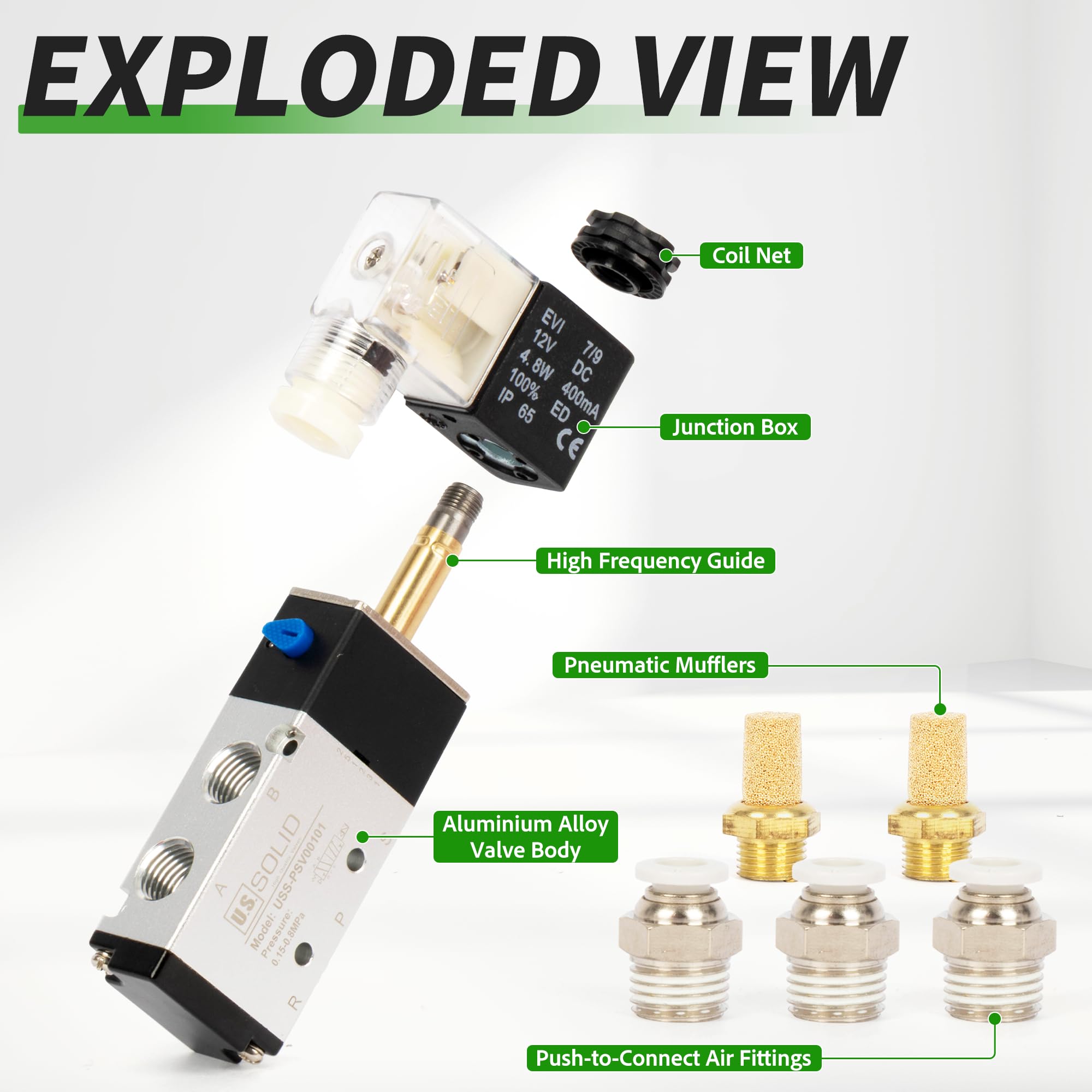 U.S. Solid Válvula solenoide neumática normalmente cerrada de 5 vías, 2 posiciones, CC 12 V, puerto de aleación de aluminio de 0.25 pulgadas, con accesorios, silenciadores, cinta PTFE