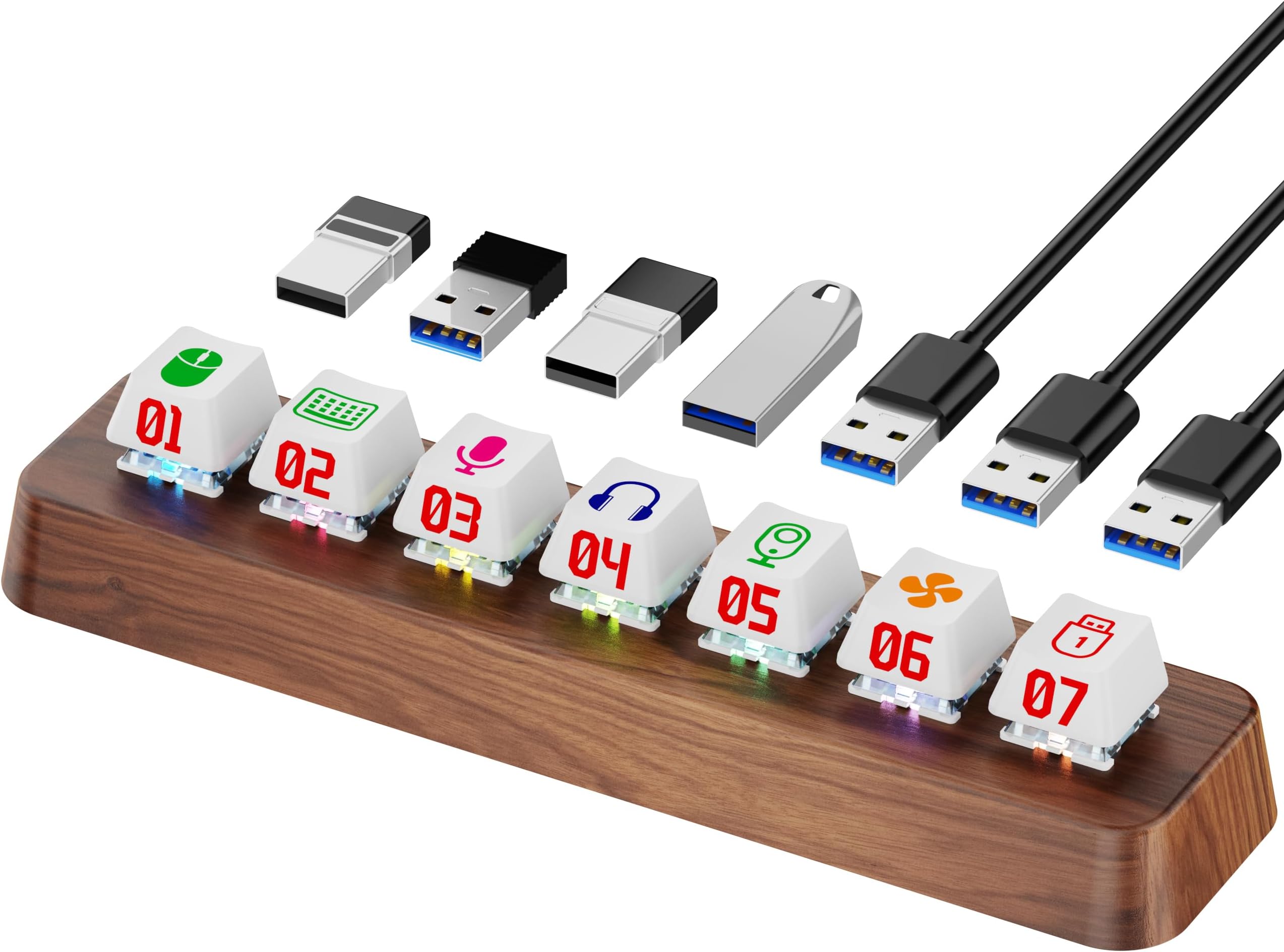 Walnut Wood 7-Port Powered USB 3.0 Hub, 5Gbps Data Transfer, Independent Hot-Swappable 3-Pin Mechanical Keyboard Switch Expander, RGB Backlit Docking Station-FU07
