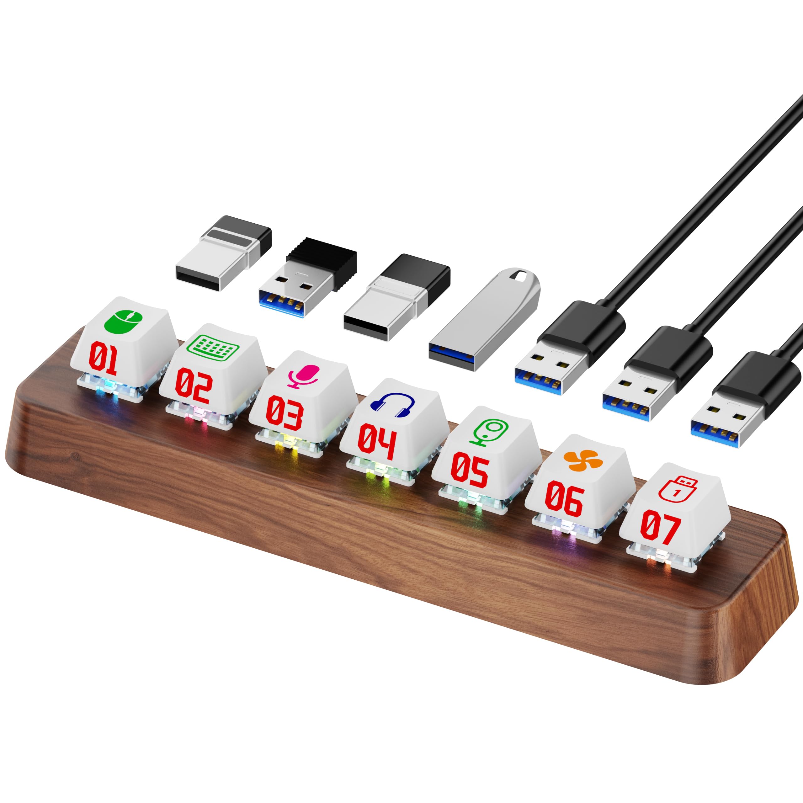 Walnut Wood 7-Port Powered USB 3.0 Hub, 5Gbps Data Transfer, Independent Hot-Swappable 3-Pin Mechanical Keyboard Switch Expander, RGB Backlit Docking Station-FU07